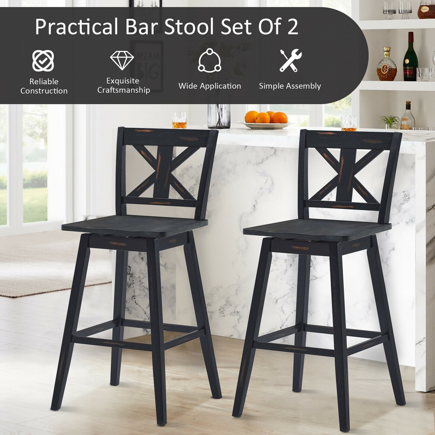 29" Tall Set of 2 Black Rubber wood Bar Stools with 360 Degree Rotating Seats and Ergonomic Back Support