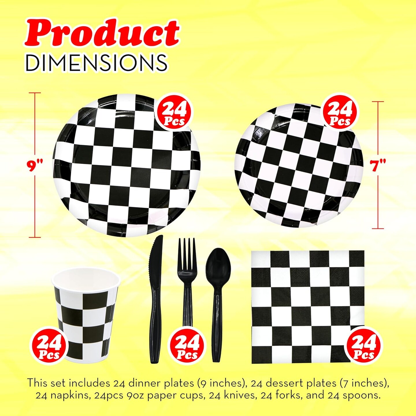 4E&#x27;s Novelty 24 Pcs Checkered Party Supplies and Accessories like Checkered Flag Plates, Checkered Paper Cups, Checkered Flag Napkins, Cutlery - Race Car Party Plates For Different Special Occasions