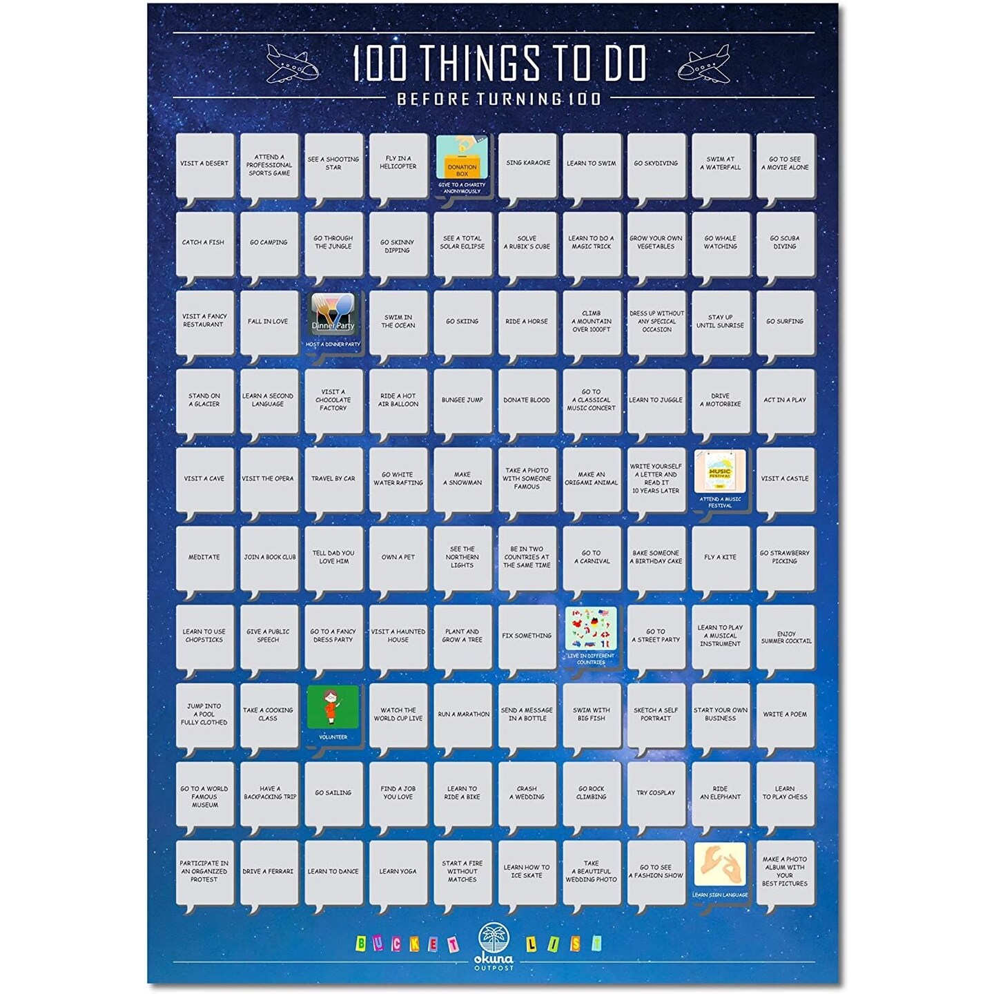 Scratch off Poster, 100 Things To Do Before Turning 100 Bucket List (16.5 x 23.5 In)