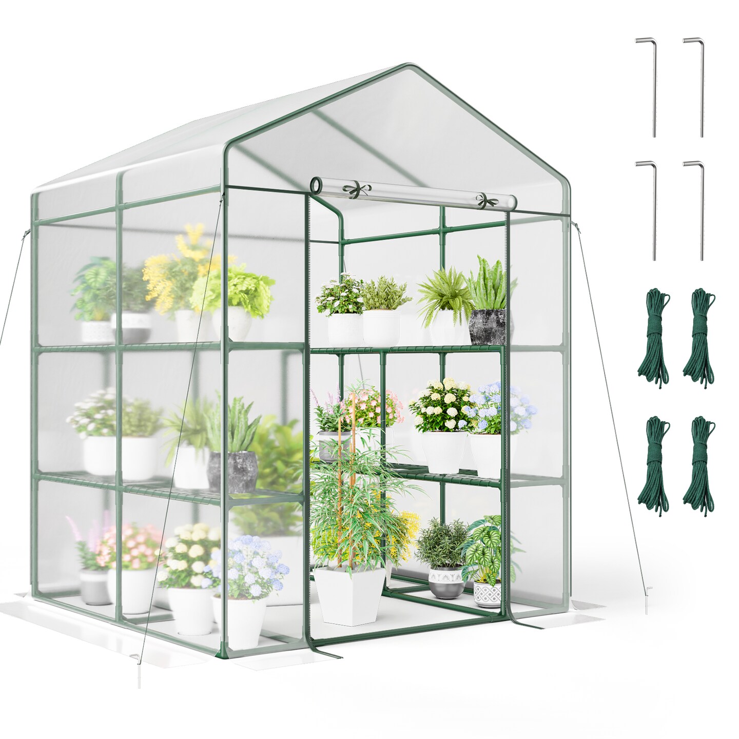 3-Tier Walk-In Greenhouse with Metal Frame Transparent Cover and Wind Ropes for Plant Growing