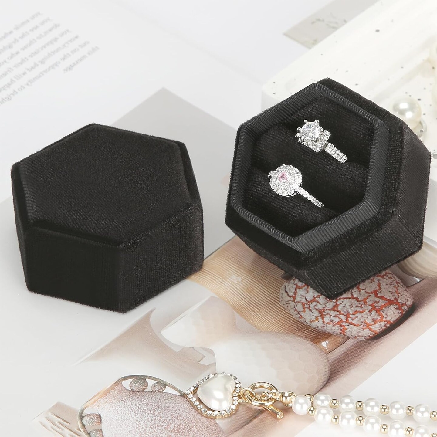 Velvet Wedding Ring Box 1 2 3 Slots, Ring Box Jewelry Storage Case for Wedding Day Engagement Proposal Ceremony (Black, 2 SLOTS)