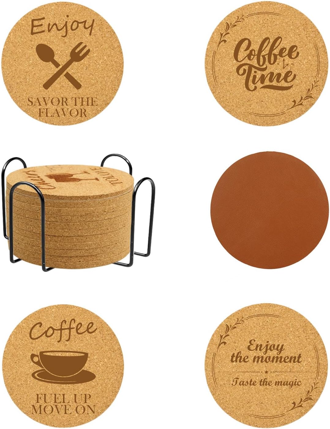 Coasters Set of 10,Cork Coasters for Drinks,Leather Drink Coaster with Stand,Funny Coasters to Protect Your Coffee Table,Gifts for Women (Round)