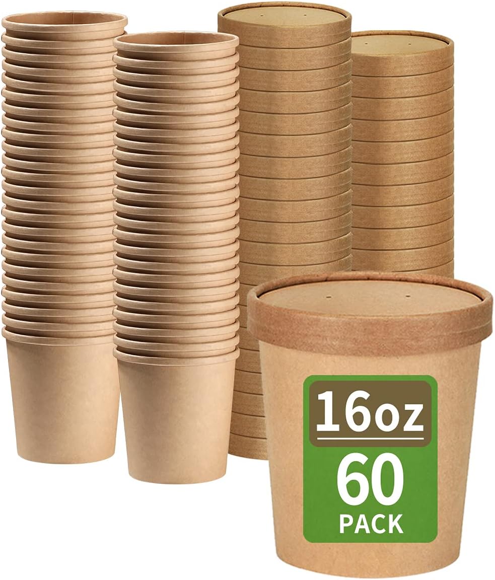 60 Pack 16 oz Paper Food Containers with Lids, Ice Cream Pint Containers, Microwavable Paper Soup Container, Freezer Safe Pint Ice Cream Cups (60 Cups 60 Lids)
