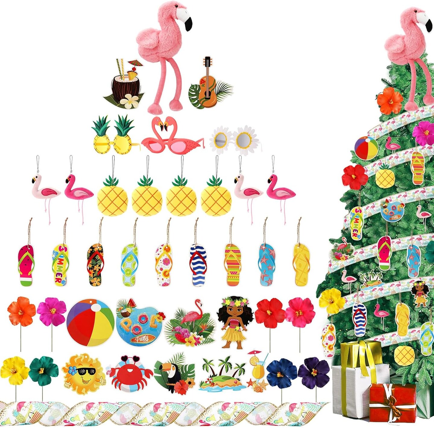 43 Pcs Summer Tree Ornaments Decorations Summer Tree Topper Flip Flop Funny Beach Sunglasses Flamingo Doll Pineapple Hanging Ornaments Ribbon and Faux Flowers for Luau Hawaii Party Supplies