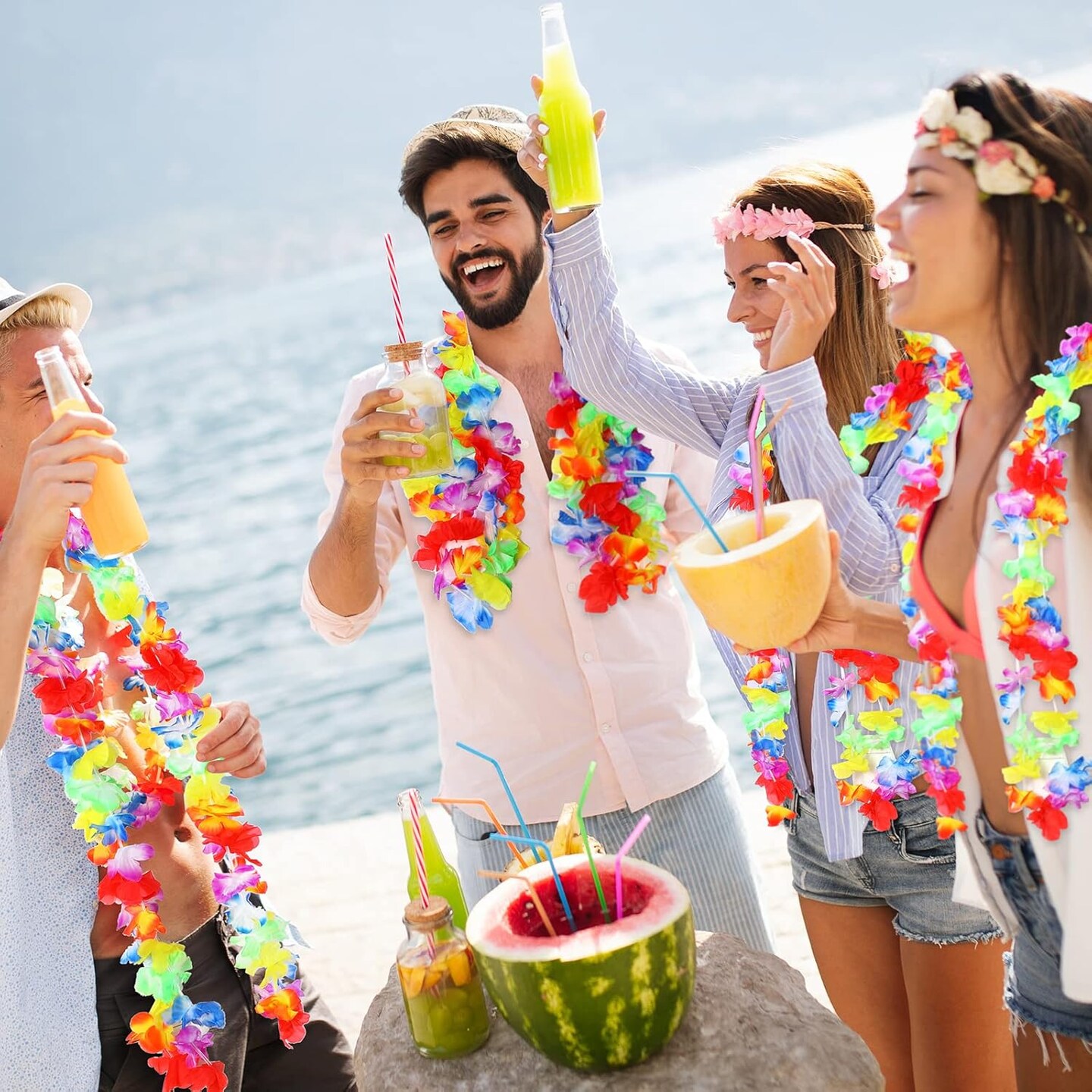 6 Pcs Hawaiian Luau Party Decorations Tropical Flower Garlands Multi Colored Hibiscus Leis Banner for Hula Dance Summer Beach Birthday Party Supplies, 16.4 ft Each