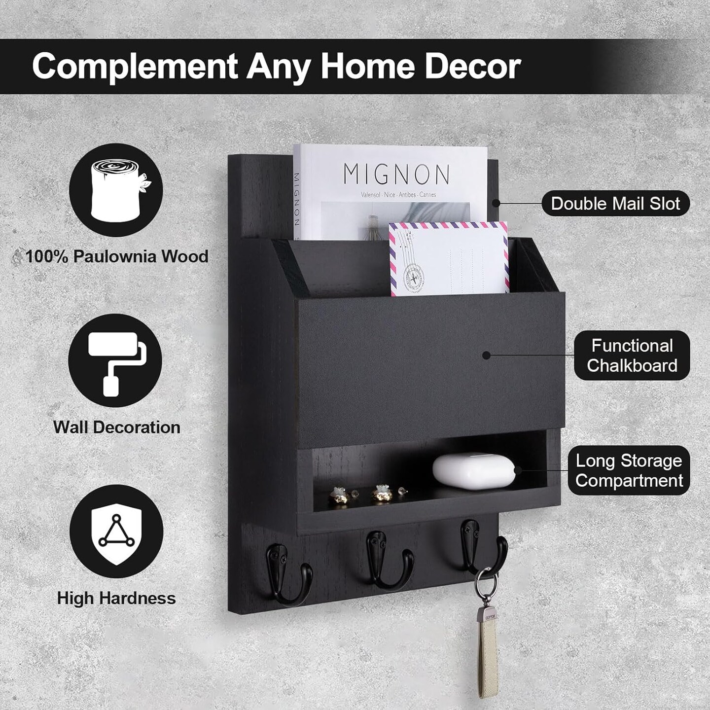 Key and Mail Holder for Wall, Key Holder with Chalkboard and Long Storage Box, Key Hanger with 3 Sturdy Hooks for Coat, Dog Leash, Entryway Mail Organizer (Black)