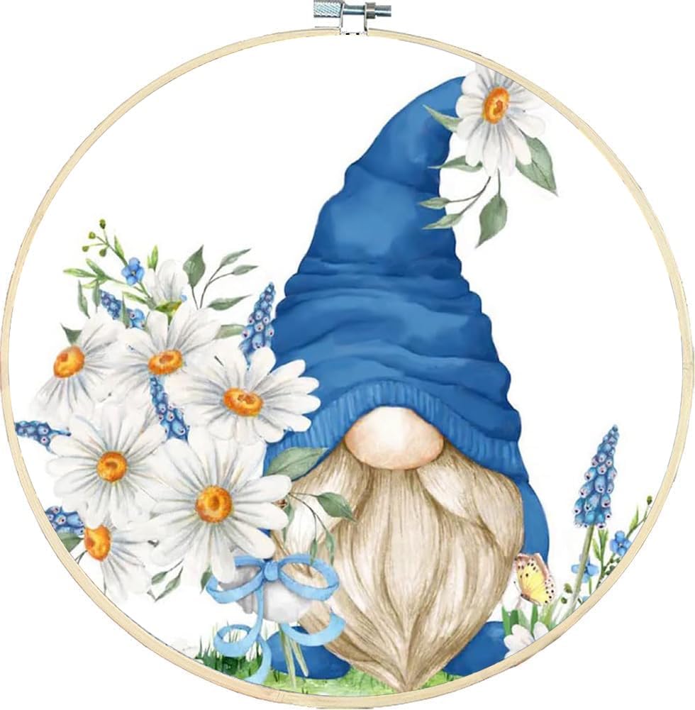 Cross Stitch Kits for Adults with Frame - Gnome Flower Embroidery Kits for Beginners Adults