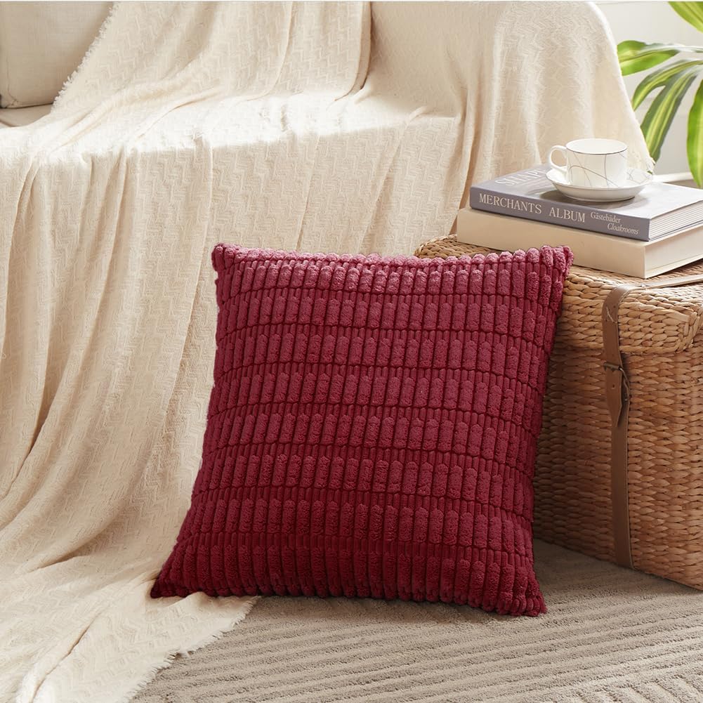 2 Packs Christmas Wine Red Decorative Throw Pillow Covers 16x16 Inch for Living Room Couch Bed Sofa, Modern Farmhouse Boho Home Decor, Soft Corduroy Burgundy Square Cushion Case 40x40 cm