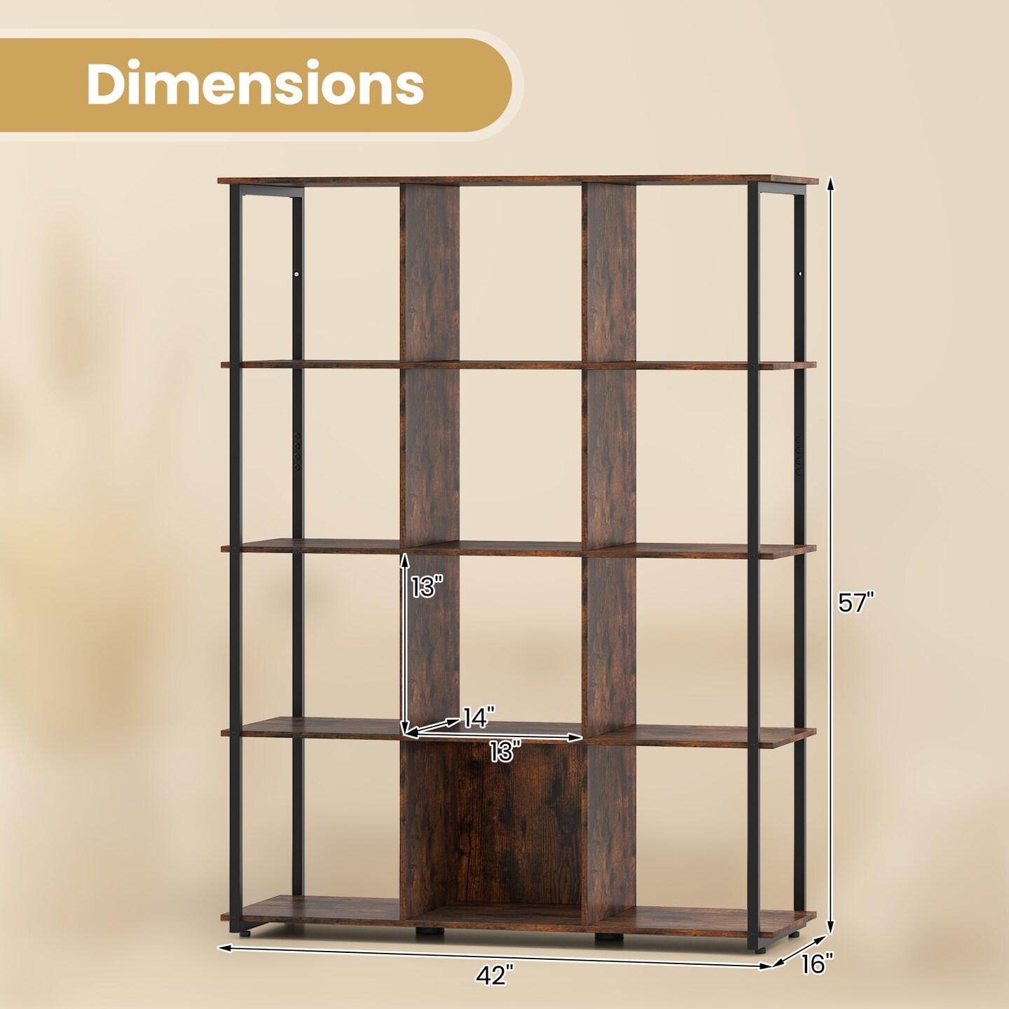 12-Cube Multi-Purpose 5-Tier Cube Storage Bookcase with Rustic Finish and Black Metal Frame