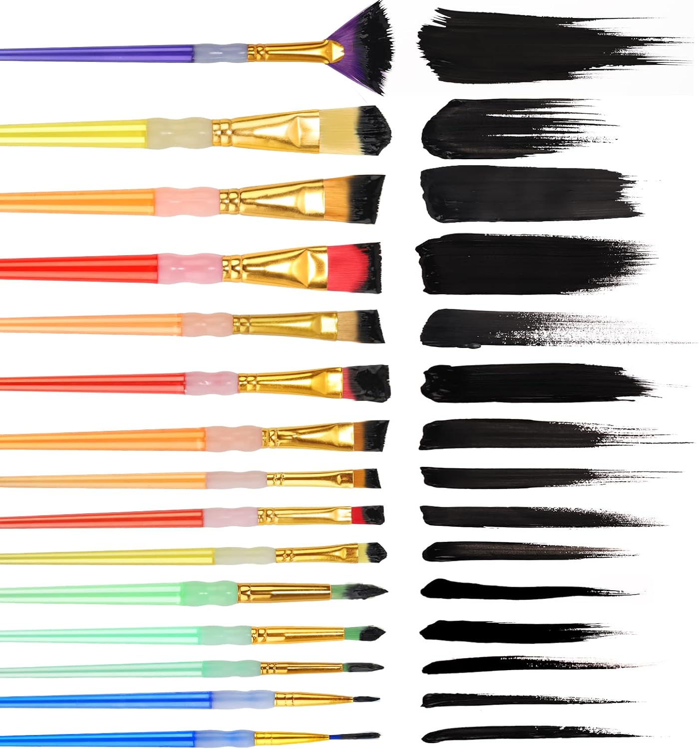 15Pcs Paint Brushes Value Pack, Includes 15 Different Types of Brushes, Nylon Colorful Hair with Silicone Crystal Penholder
