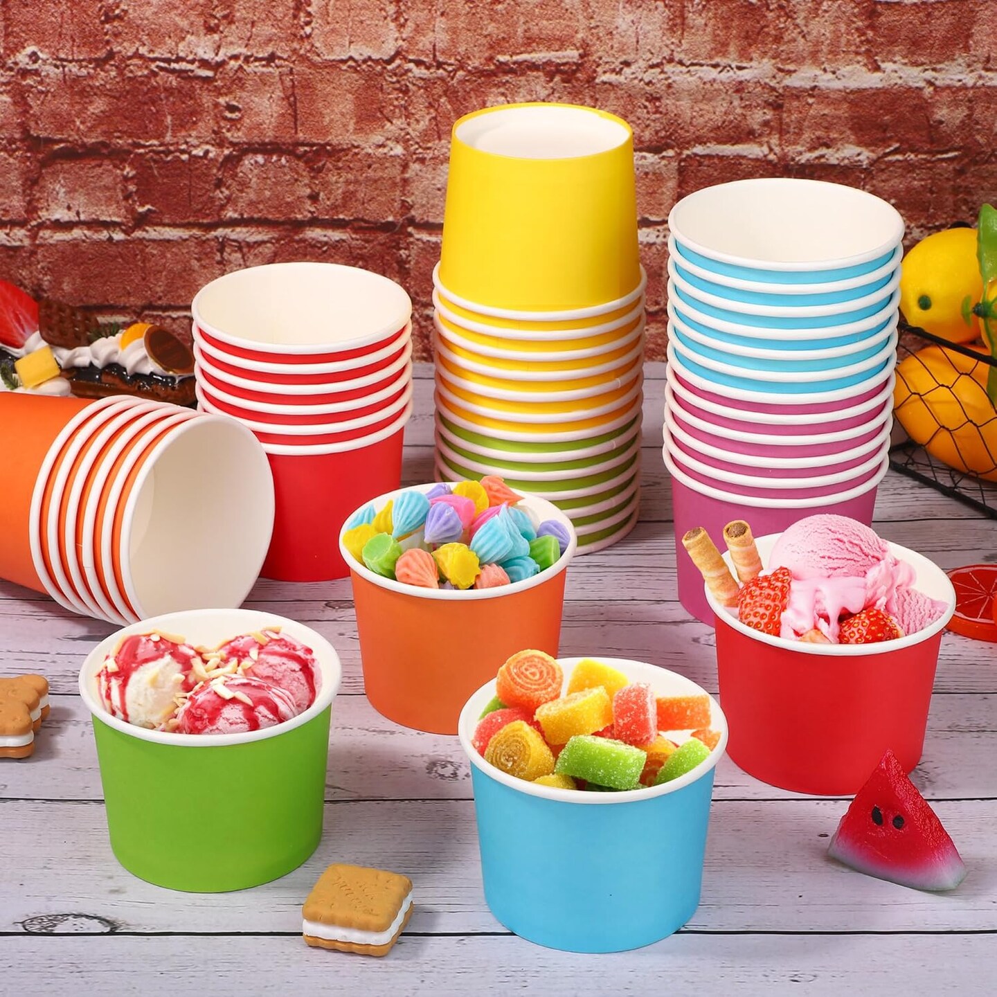 60 Pack 8 Ounces Ice Cream Paper Cups with Lids Disposable Paper Dessert Bowls Ice Cream Containers Sundae Snack Party Supplies Treat Soup Cups for Camping, Trips, Picnics, and Events