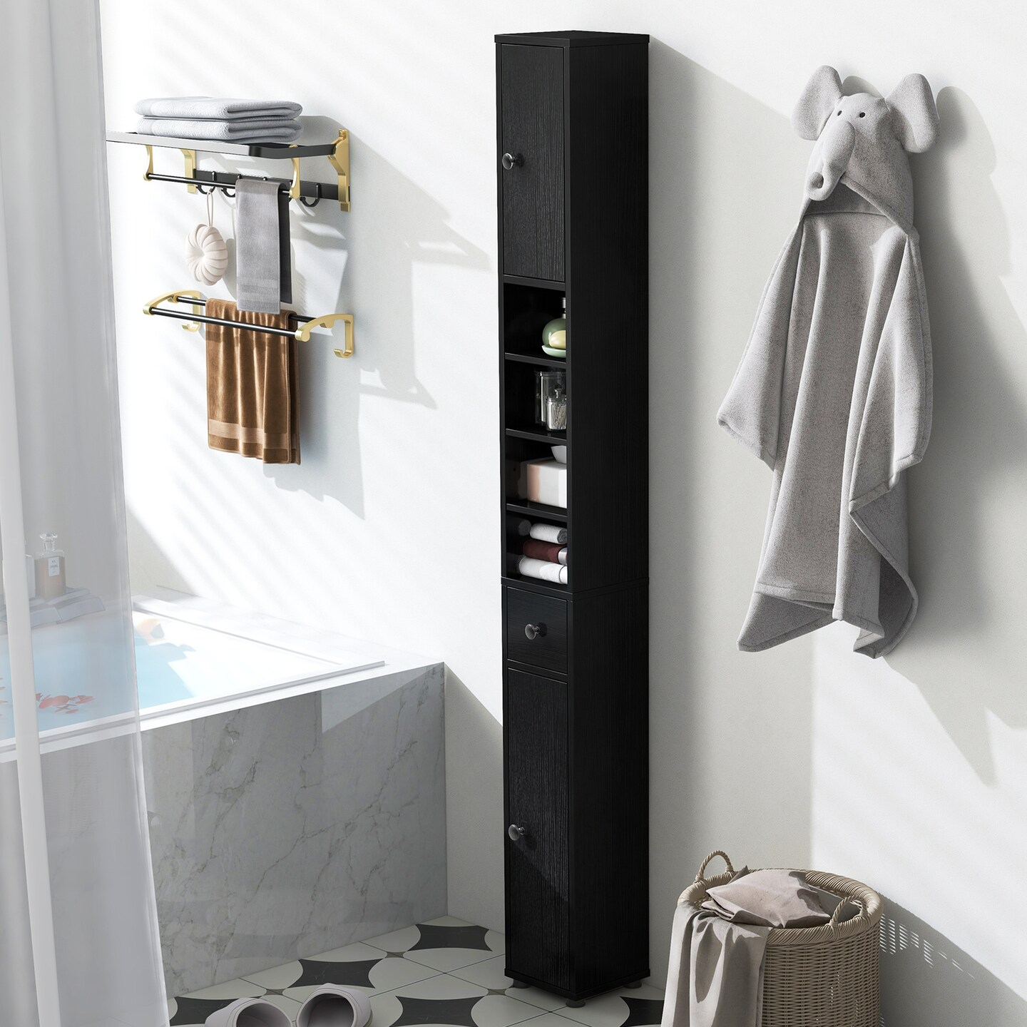 Freestanding Tall Storage Cabinet with Open Shelves Drawer and Double Door Organizer for Compact Spaces