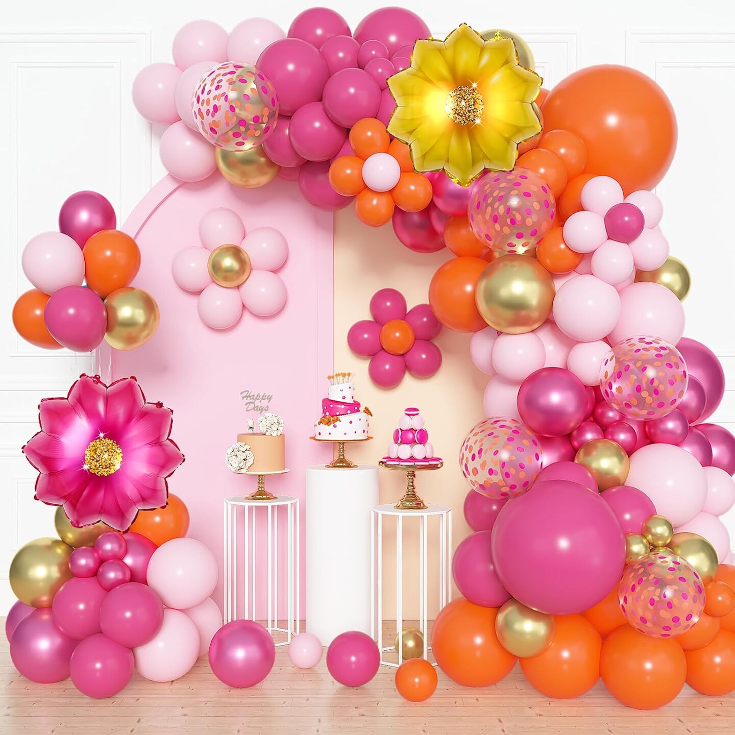183Pcs Pink and Orange Balloons Garland Arch Kit with Hot Pink Gold Foil Flowers Balloons for Pink and Orange Party Decoration Summer Tropical Birthday Baby Shower Wedding