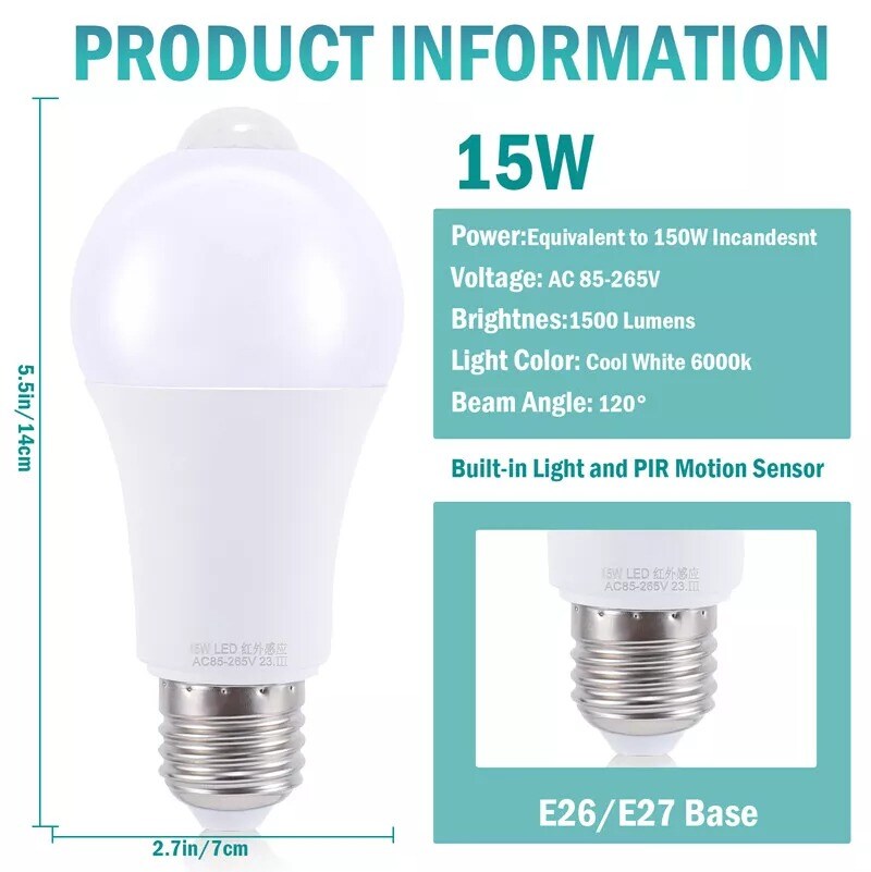 LED Light Bulb 90W Equivalent Motion Sensor Lamp Dusk to Dawn w/ Socket