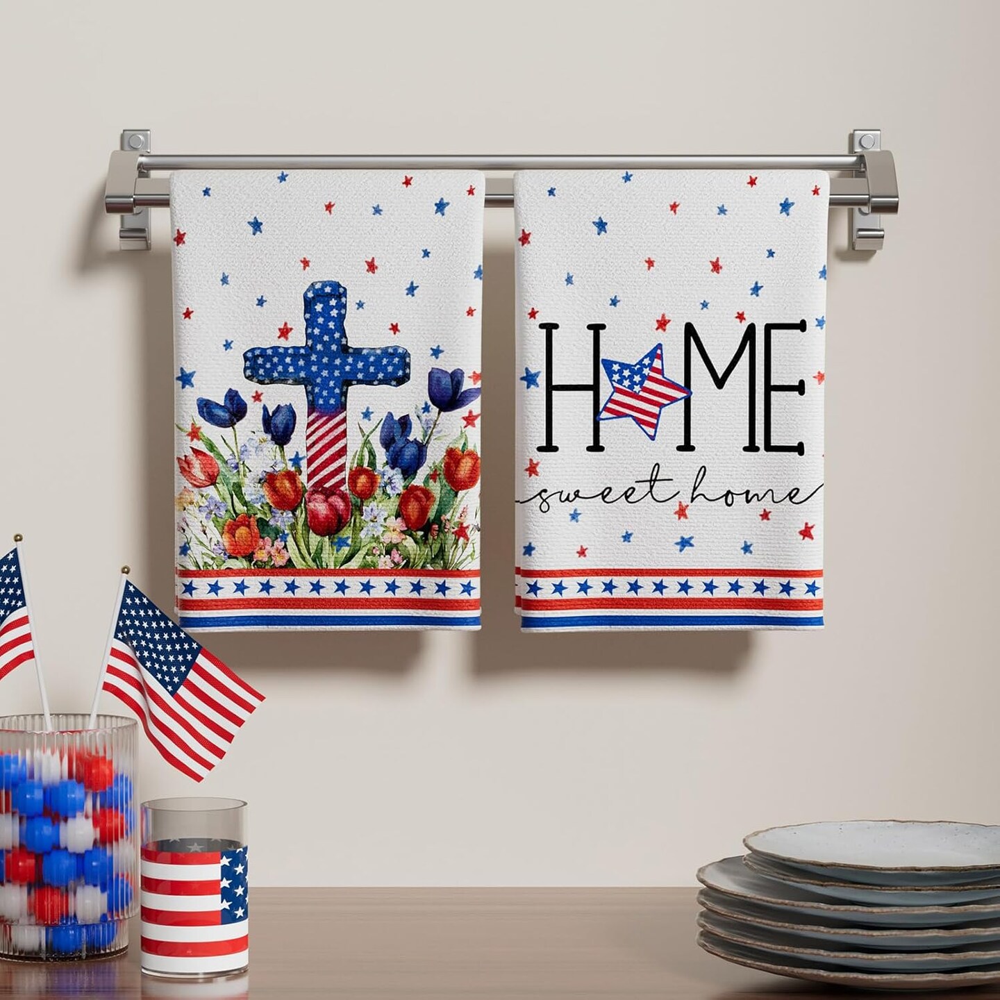 Sweet Home Watercolor Colorful Tulips Flowers America Stars Patriotic 4th of July Memorial Day Independence Day Kitchen Towels Dish Towels 18x26 Inch Set of 2 Home Decorations Hand Towels