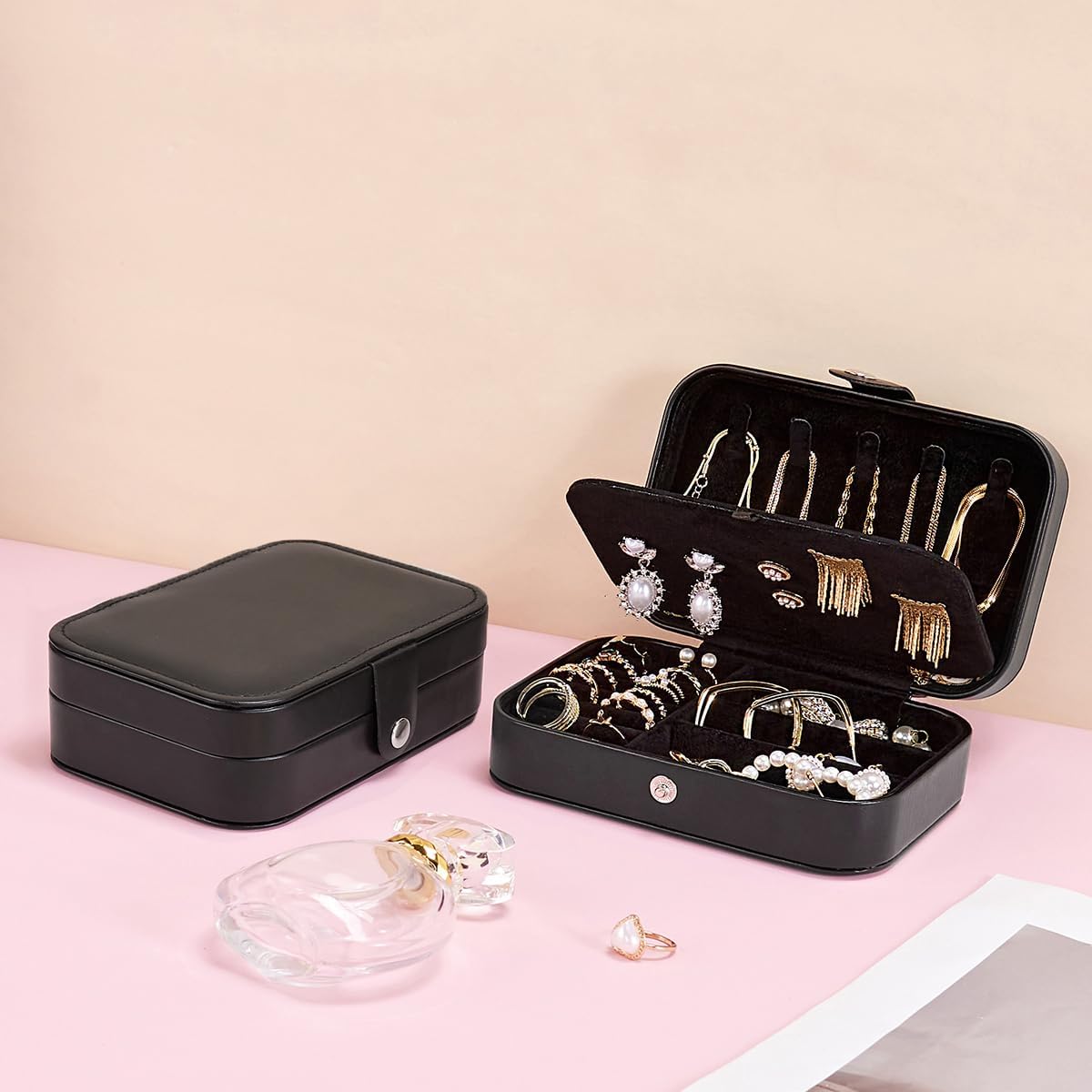PU Leather Travel Jewelry Box – 2-Layer Portable Organizer for Rings, Earrings, Necklaces & Bracelets, Compact Storage Case for Women & Girls (Leather-Black2)