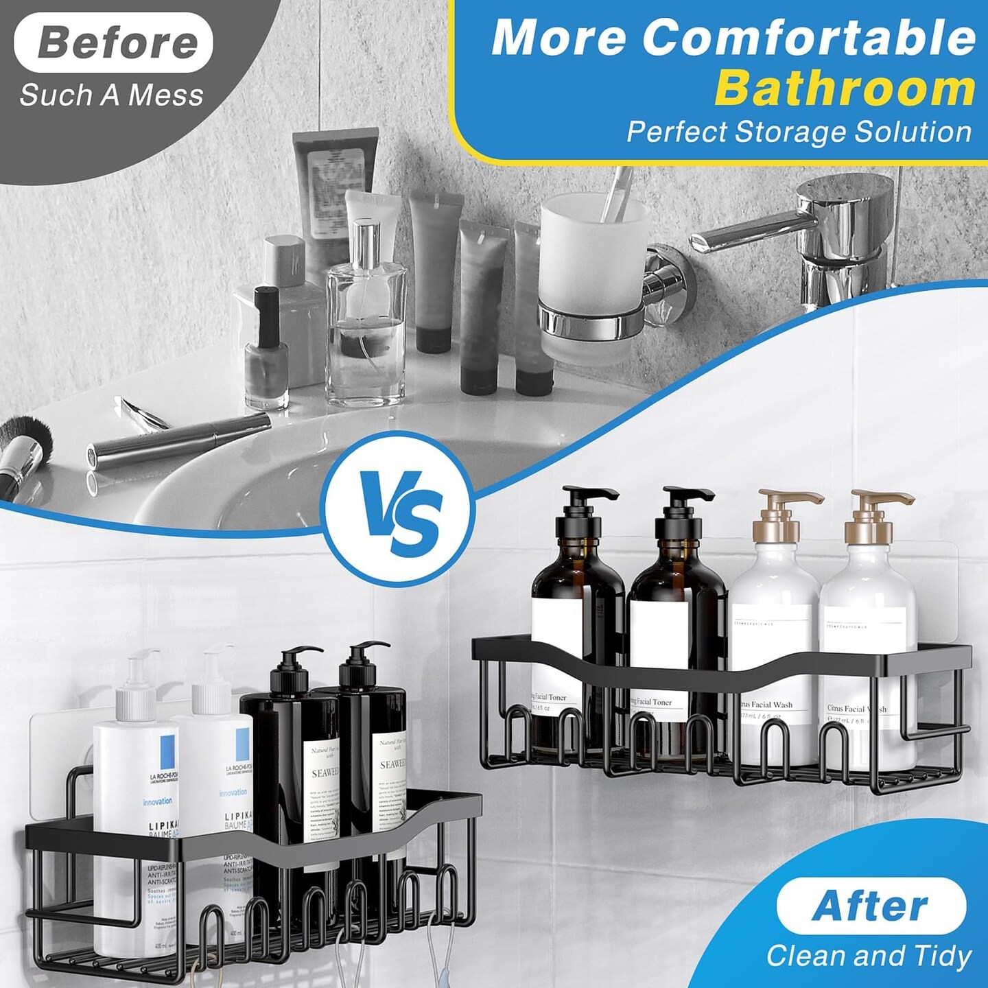 Adhesive Shower Caddy, 5 Pack Rustproof Stainless Steel Bath Organizers With Large Capacity, No Drilling Shelves for Bathroom Storage &#x26; Home Decor
