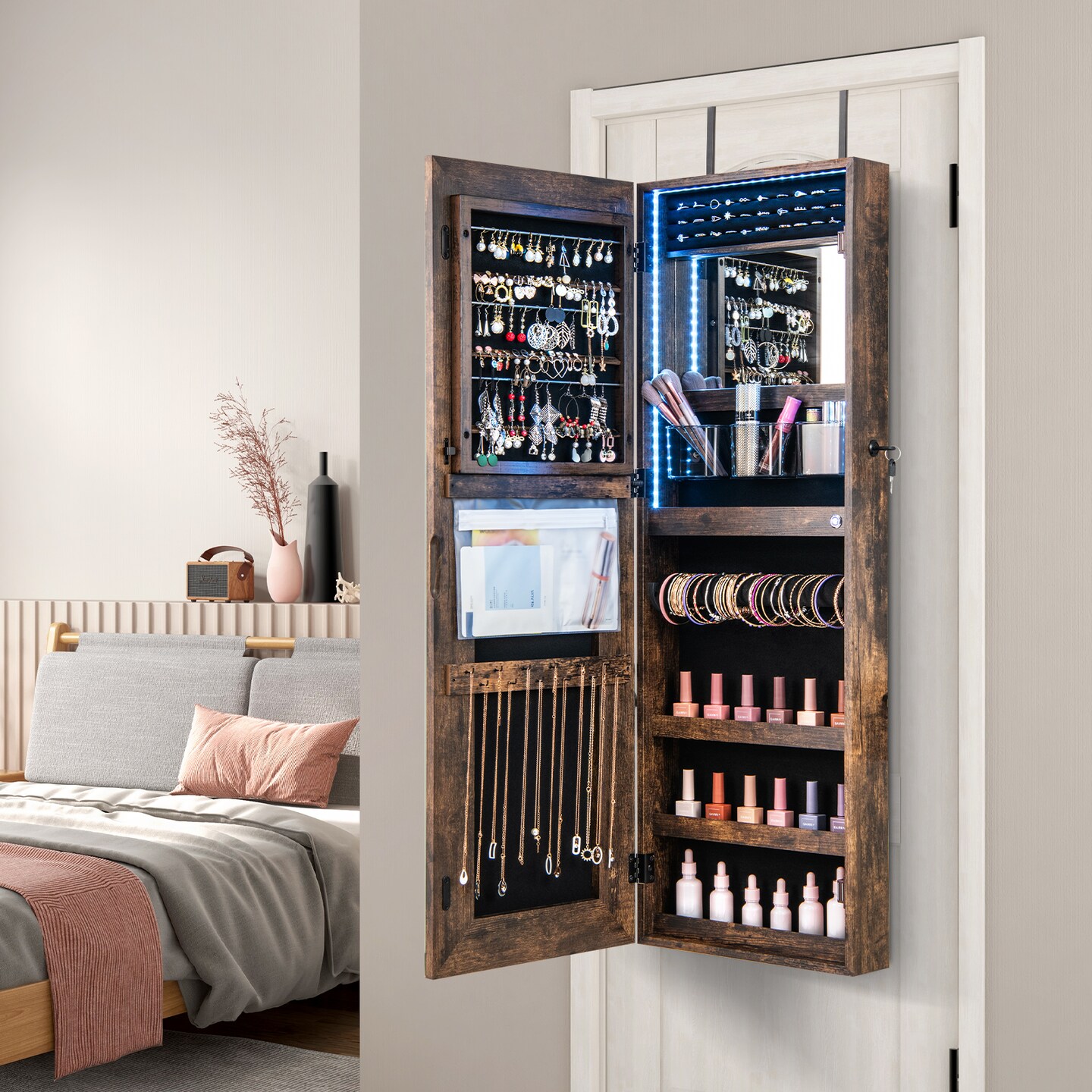 Lockable Jewelry Mirror Cabinet with LED Lights and Wall Door Mount