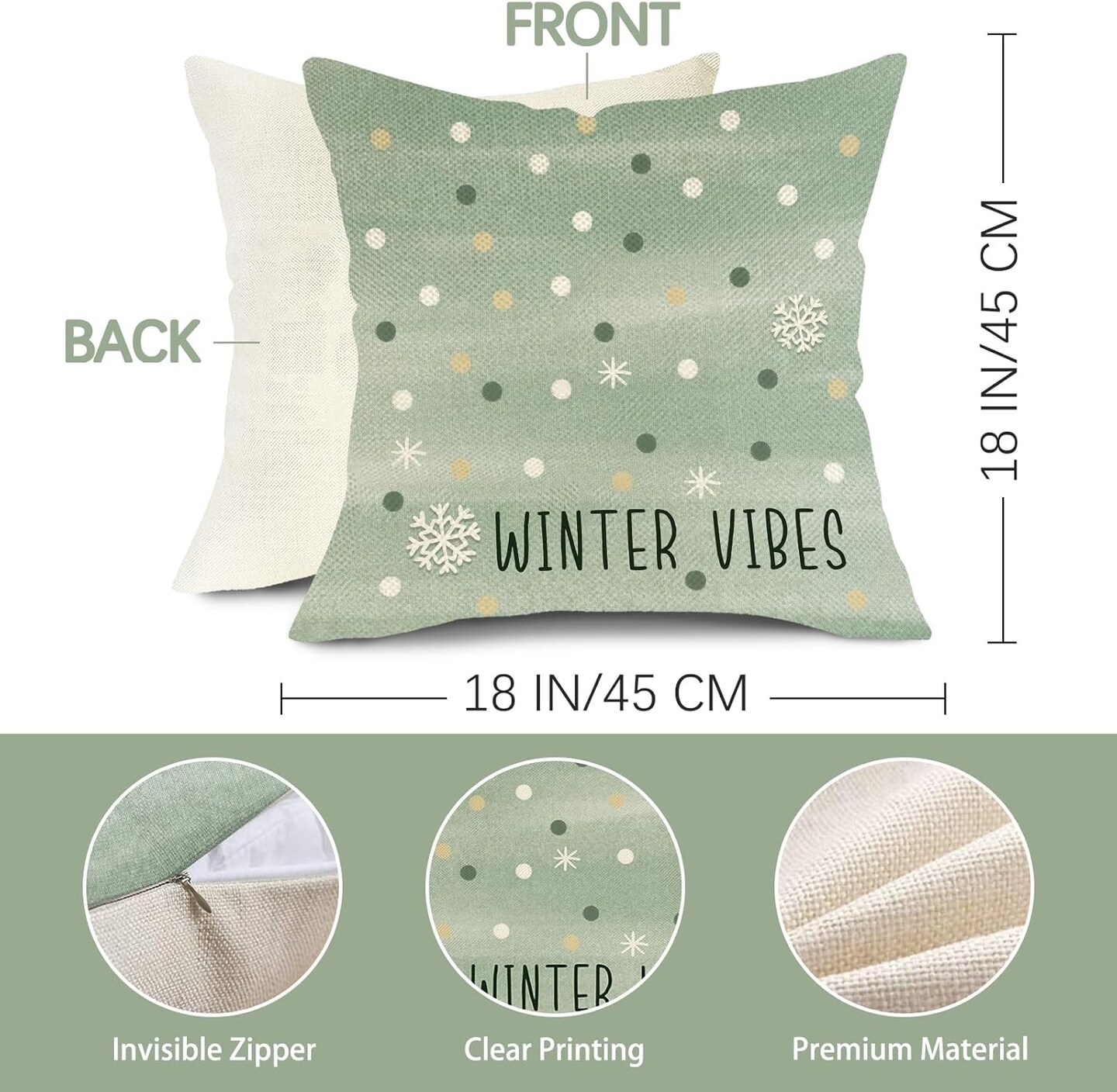 Hello Winter Vibes Green Decorative Throw Pillow Covers 18x18 Set of 4, Get Cozy Bicycle Christmas Tree Snowflakes Outdoor Home Decor, Polka Dot Plaid Xmas Holiday Farmhouse Couch Cushion Case