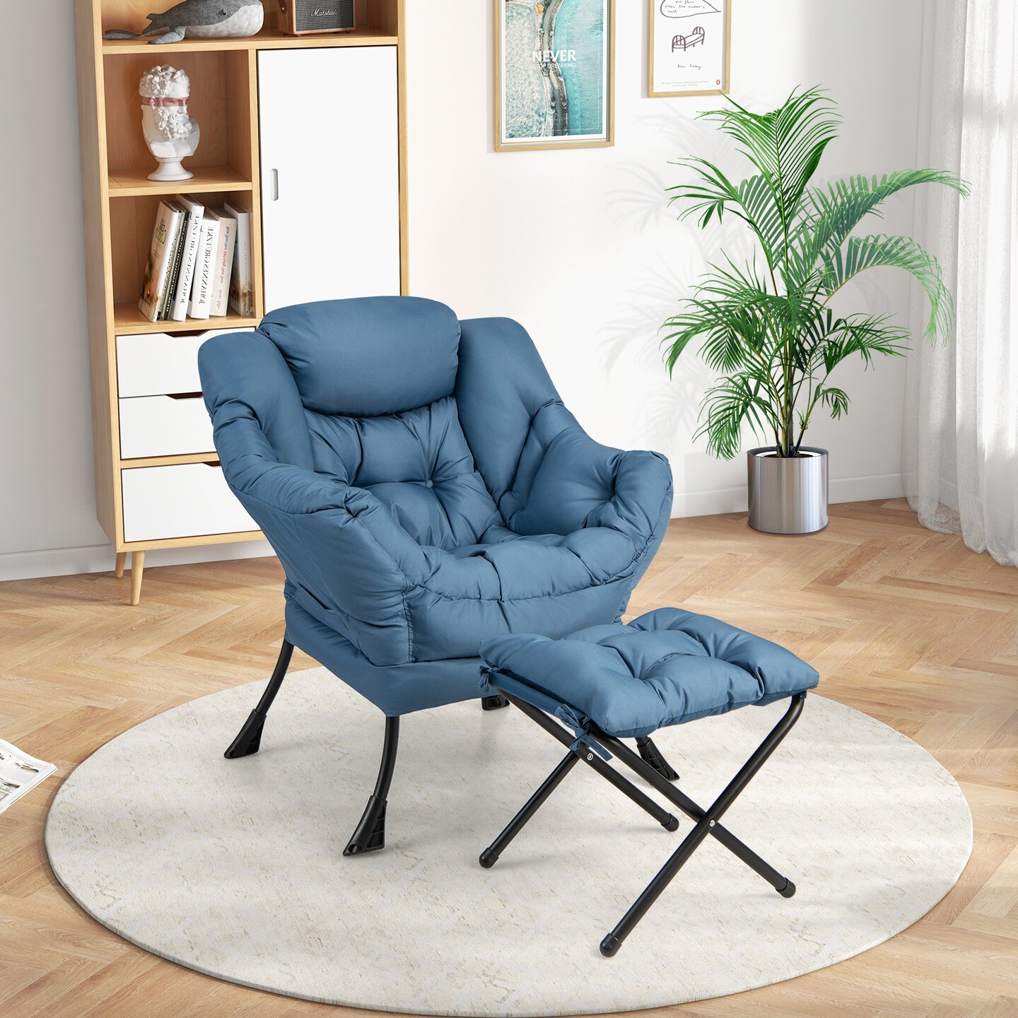 Modern Lazy Sofa Chair with Foldable Ottoman Metal Frame Polyester Cover Comfy Seat and Pillow