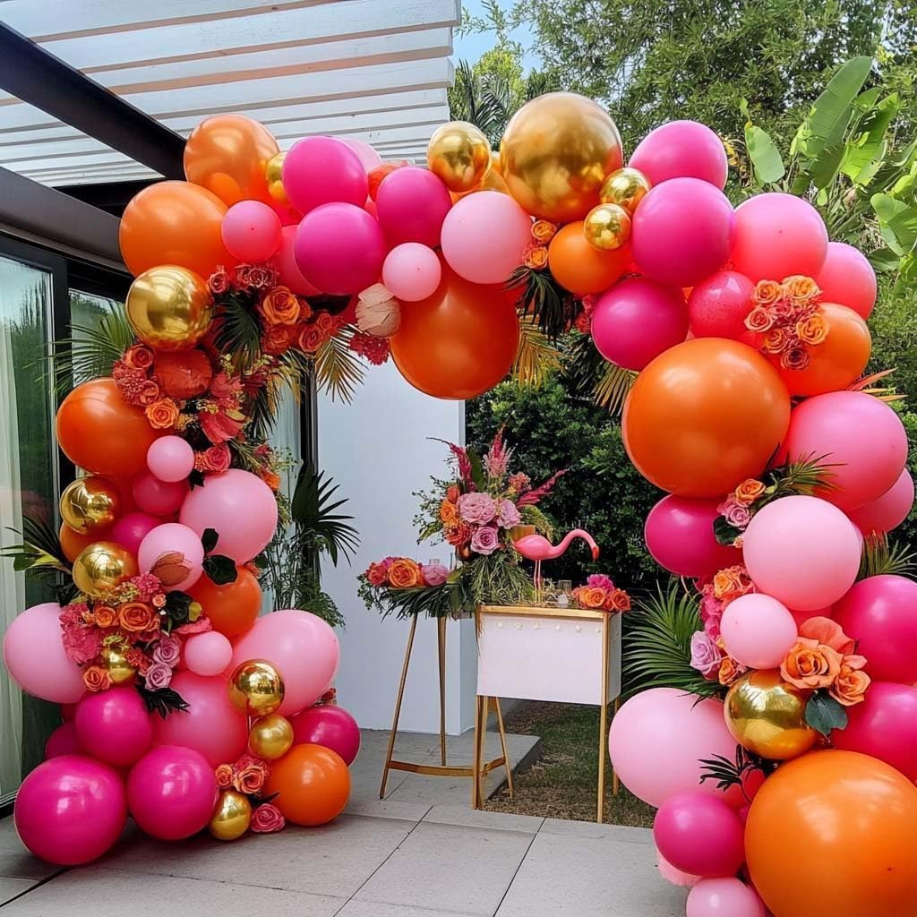 Pink Orange Balloon Garland Double Stuffed Hot Pink Balloon Orange Gold Balloons Arch Kit For Baby Shower Birthday Wedding Fiesta Tropical Luau Summer Love Party Decorations