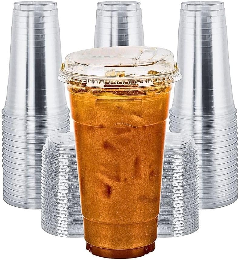 24 oz. Disposable Plastic Clear Cups with Strawless Sip Lids for Iced Coffee 50