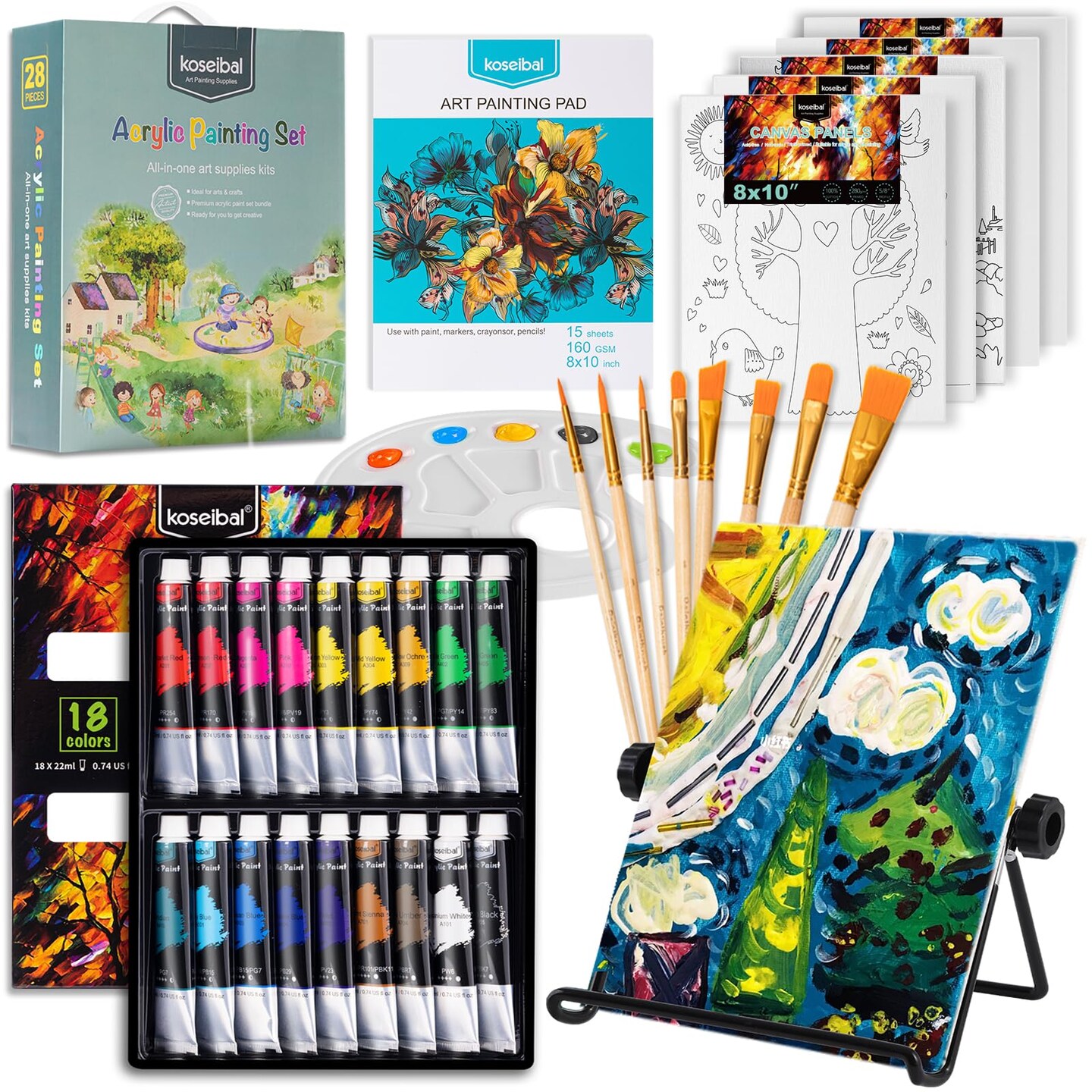 Art Painting Supplies Kit with 18 Paints, 5 Canvas Panels, 8 Brushes, Table Easel, Etc, Premium Paint Set for Students, Artists and Beginner.