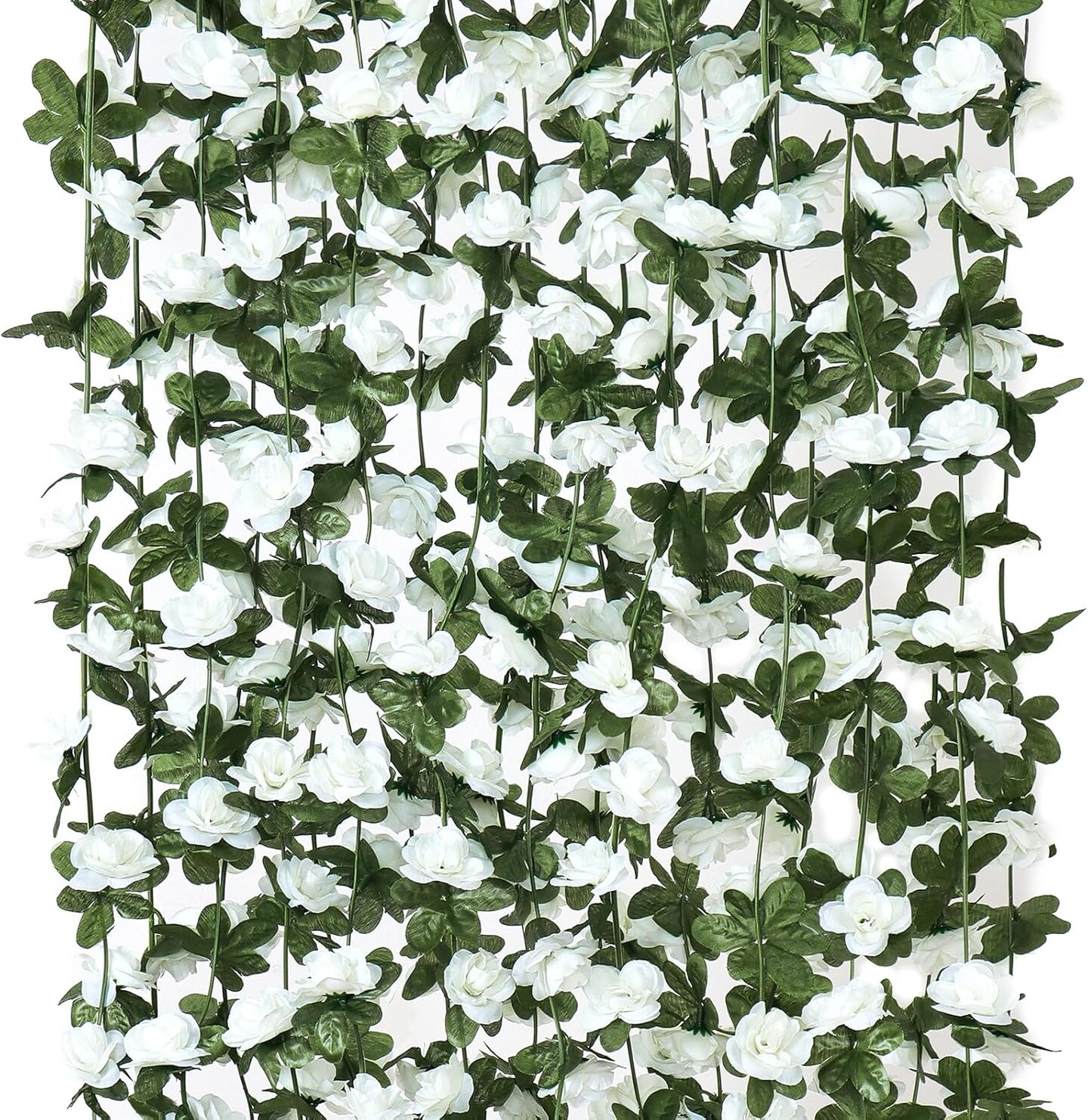 Artificial Flower Garland, Fake White Roses Vines Silk Flowers Faux Plastic Outdoor Hanging Floral Ivy Garland Decoration