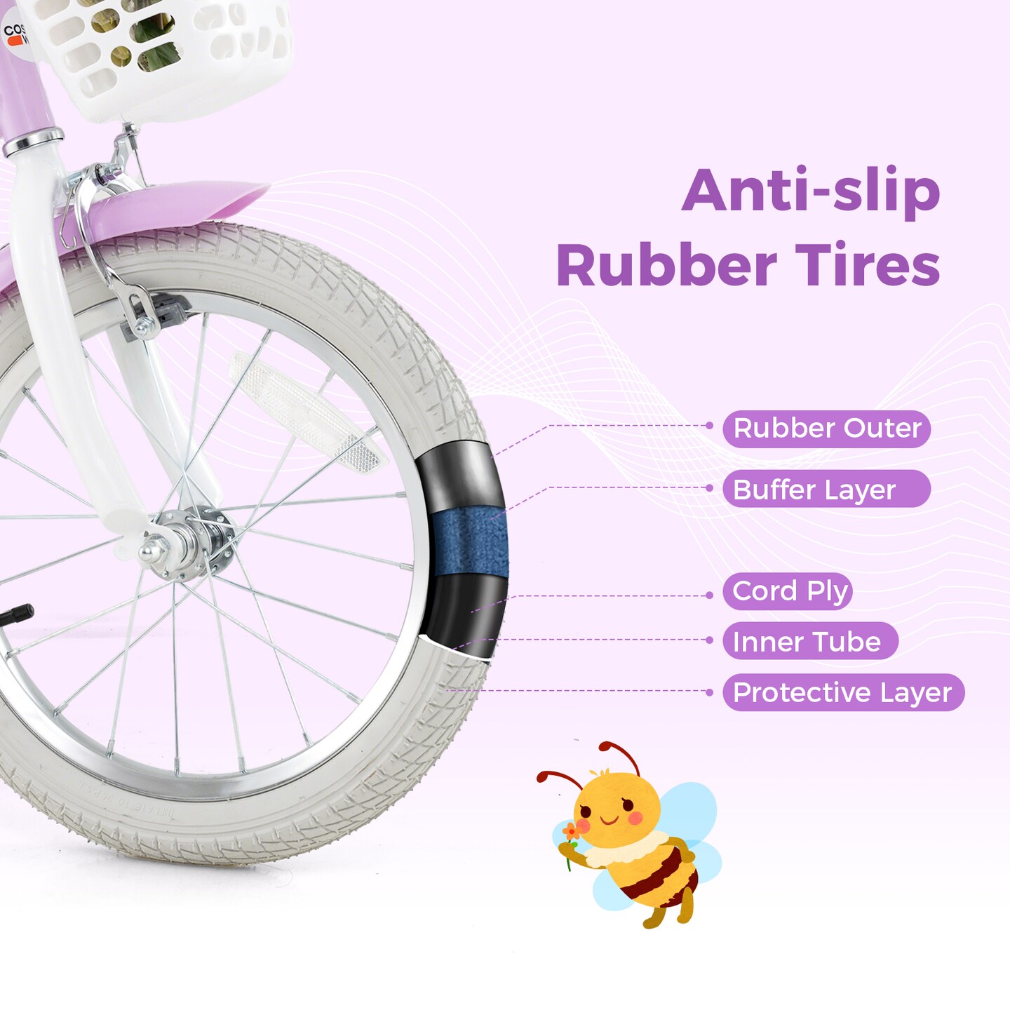 Kids Purple Bike with Adjustable Seat and Handlebar Dual Brakes, Basket, Doll Seat and Training Wheels