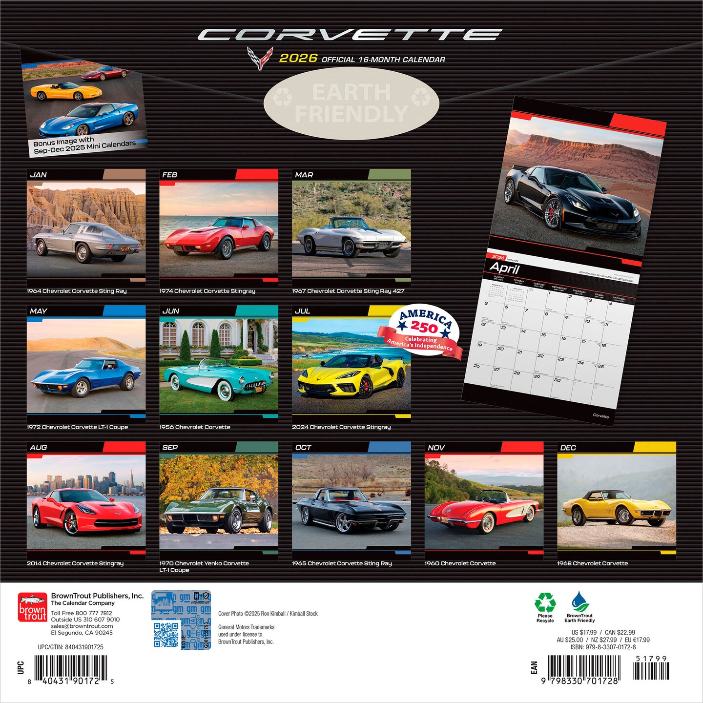 Corvette OFFICIAL | 2026 12 x 24 Inch (Hanging) Monthly Square Wall Calendar | Plastic-Free | BrownTrout | Chevrolet Motor Muscle Car
