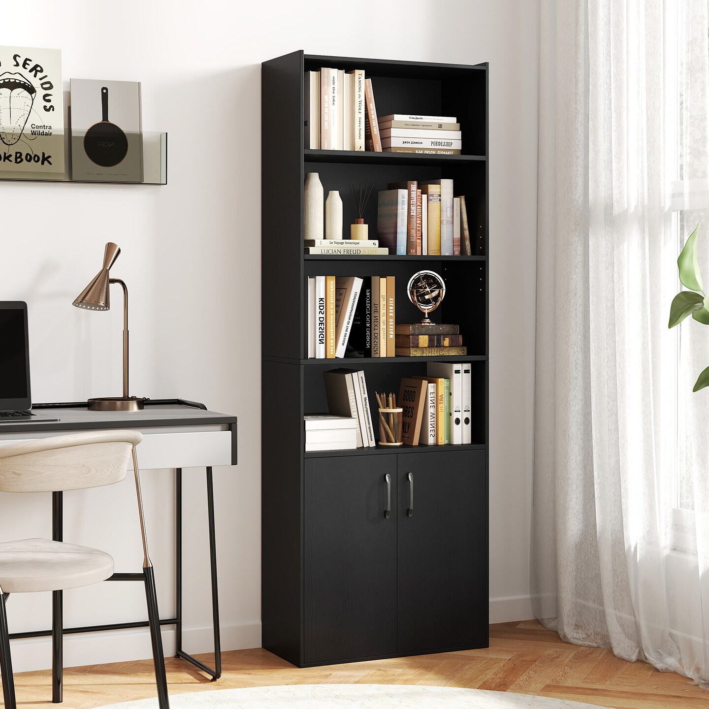 Tall Black Bookcase with Doors 6-Tier Storage Cabinet with Adjustable Shelves for Home Office