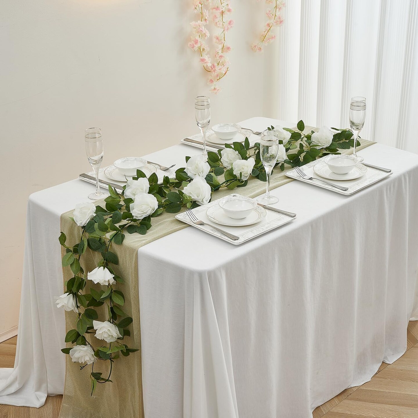 White Artificial Rose Garlands Rose Vines Leaves Banners Hanging Floral Garland Fake Rose Flower Vine