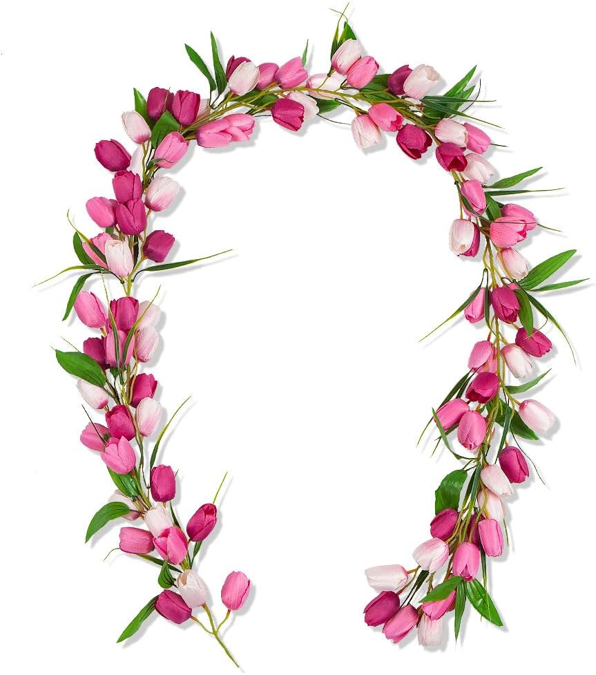 6.56 ft Artificial Tulip Garland – Spring Floral Vine with Green Leaves for Easter, Christmas, Wall, Home, Wedding & Indoor/Outdoor Décor