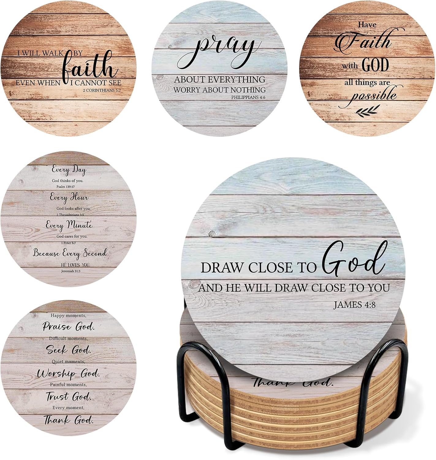 Bible Verses Coasters With Holder Set of 6 - Christian Gifts for Women, Cork Drink Coasters for Coffee Table Home Decor
