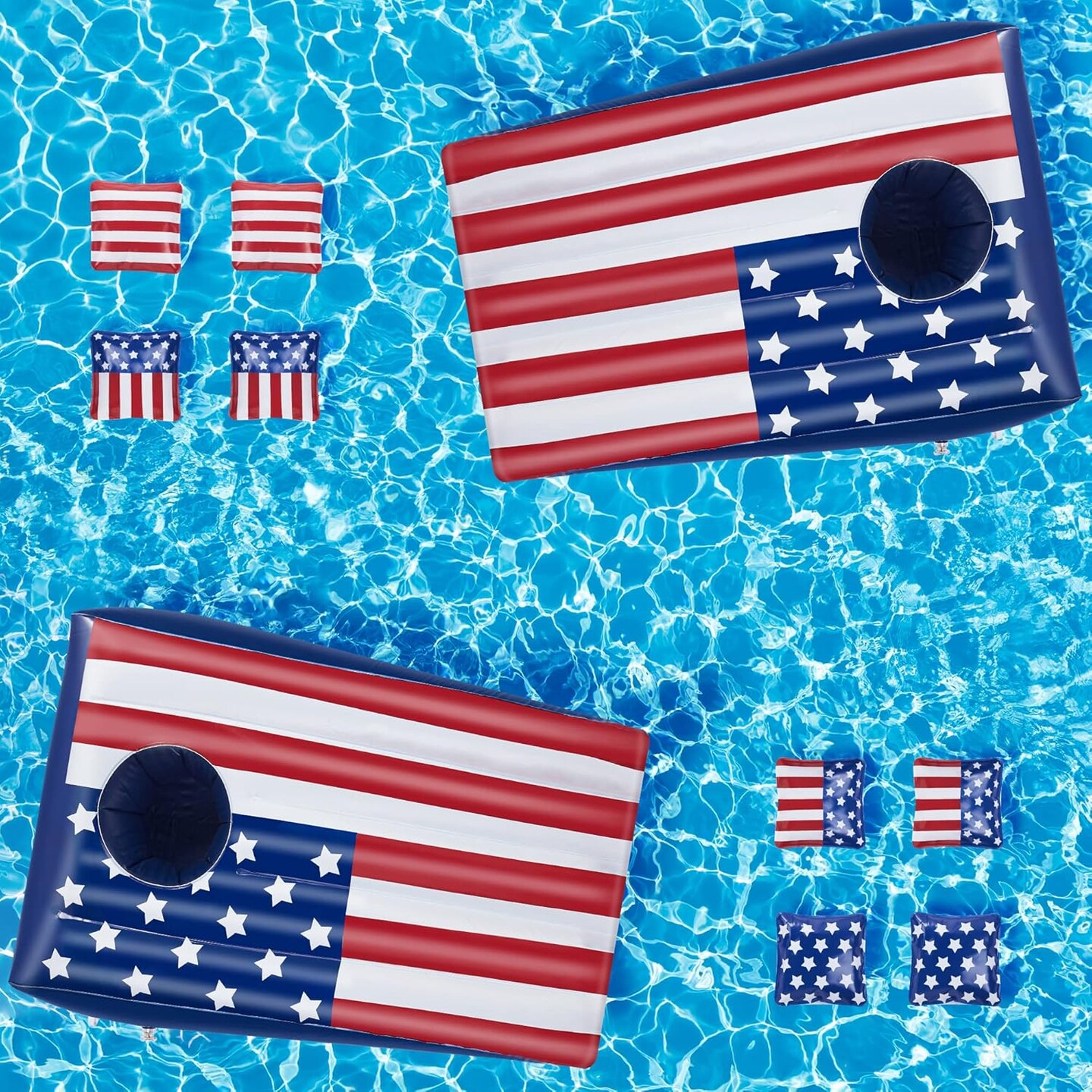Pool Cornhole Inflatable Bean Bag Toss Game Toy 2 Sets, Independence Day Swimming Pool Game for Teens, Adults and Family, American Flag Theme Water Floating Cornhole Toy with 8 Bean Bags