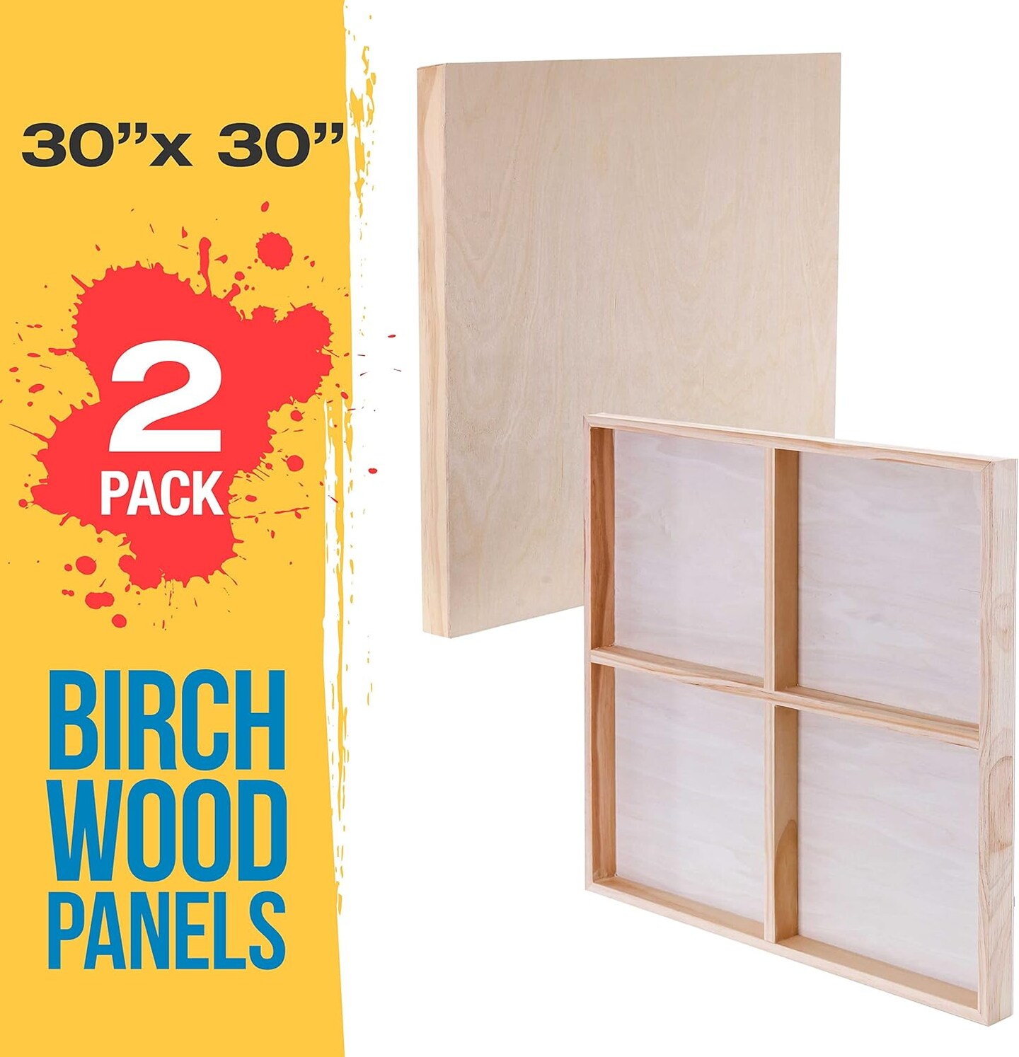 Unfinished Cradled Wood Panels for Painting, 2 Pack of 30x30 inch - Gallery Birch Wooden Canvas Boards 1-1/2" Deep - Mixed-Media Craft, Acrylic, Oil, Encaustic, Paint Pouring