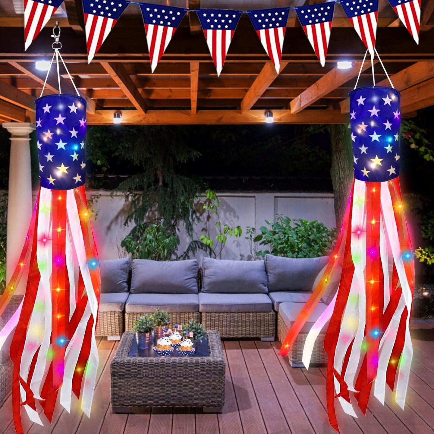 2 Pcs 60" Large American USA Flag Windsocks with 40 LED Light, 4th of July Decoration Stars Stripes Red White Blue Patriotic Windsock Outdoor Hanging Yard Memorial Day Independence Day Decor