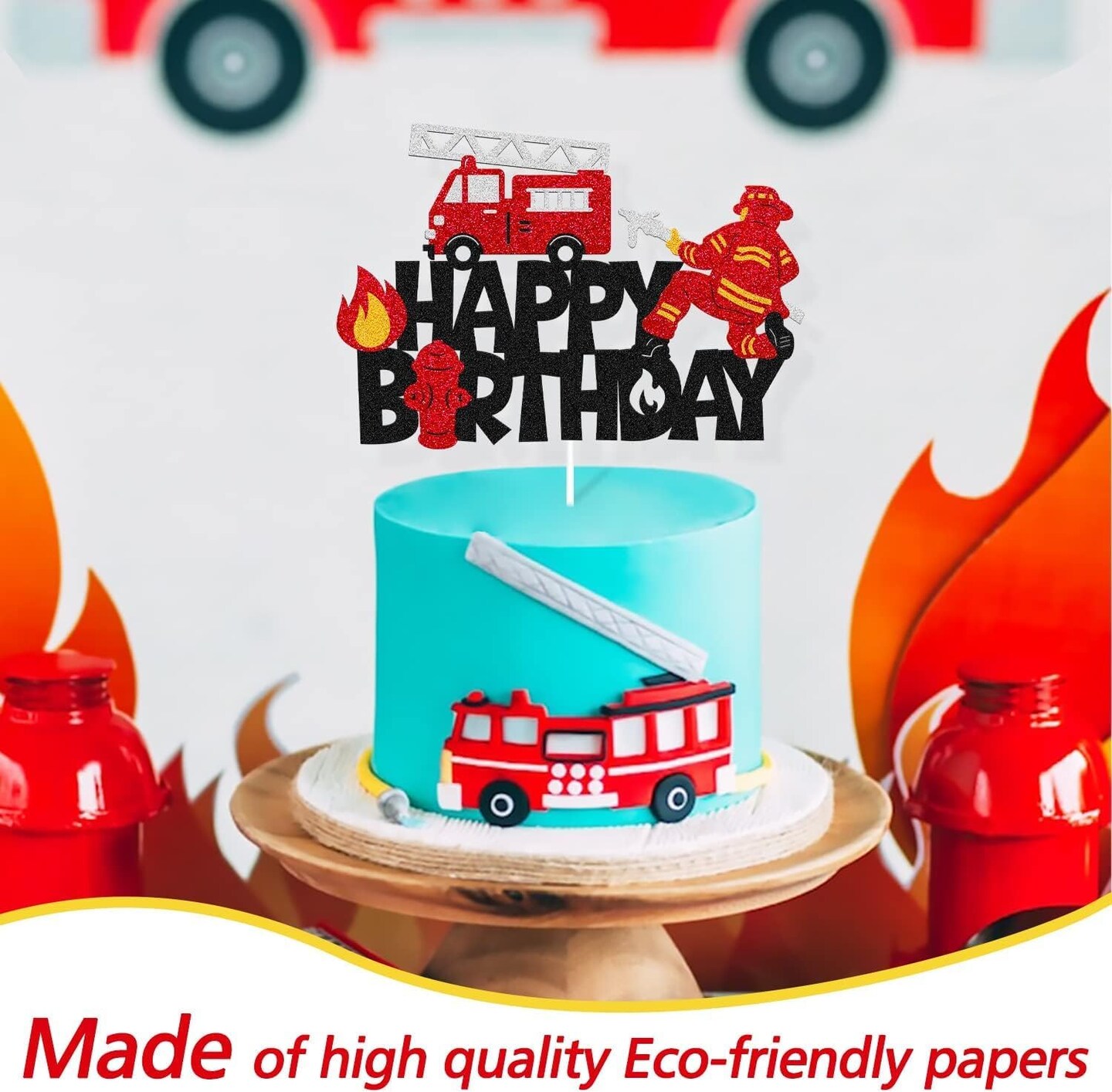 Premium Firefighter Birthday Cake Topper - Vibrant Fireman-Themed Glitter Cardstock Party Decoration, Perfect Centerpiece