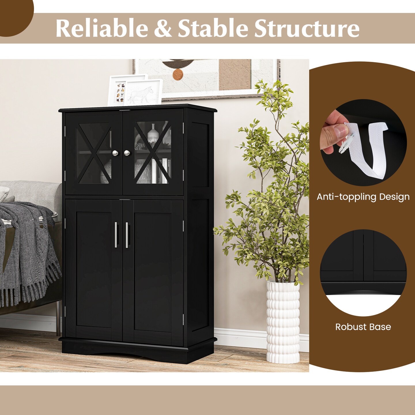 Black MDF Floor Cabinet with 5-Tier Shelves, Adjustable Storage and Safety Locks