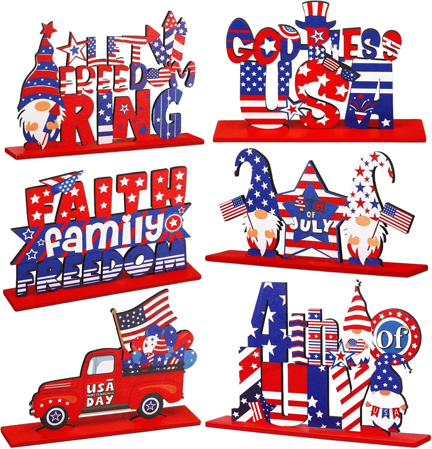 6-Piece Patriotic Table Decoration Set – Wooden 4th of July & Memorial Day Centerpieces with “God Bless America” Sign for Independence Day, Home, Office & Party Decor