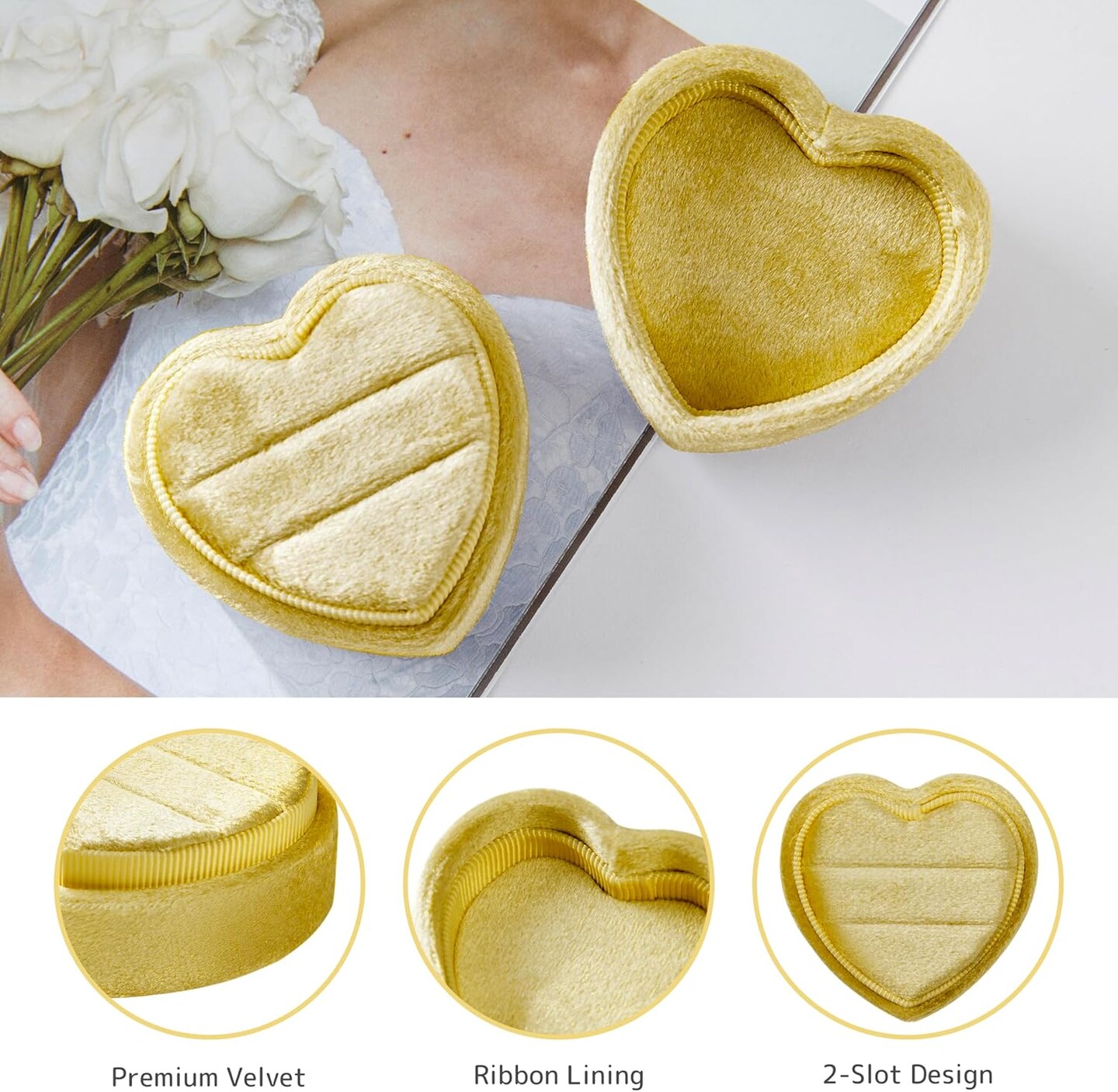 Velvet Ring Box Gift 2 Slots Vintage Style Jewelry Ring Storage Box Proposal Ring Case (Yellow Mustard)