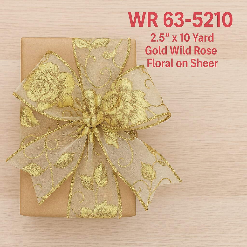 Designer's Shop WR 63-5210 2.5” x 10 yard Holiday Gold Wild Rose Floral on Sheer wired edge ribbons