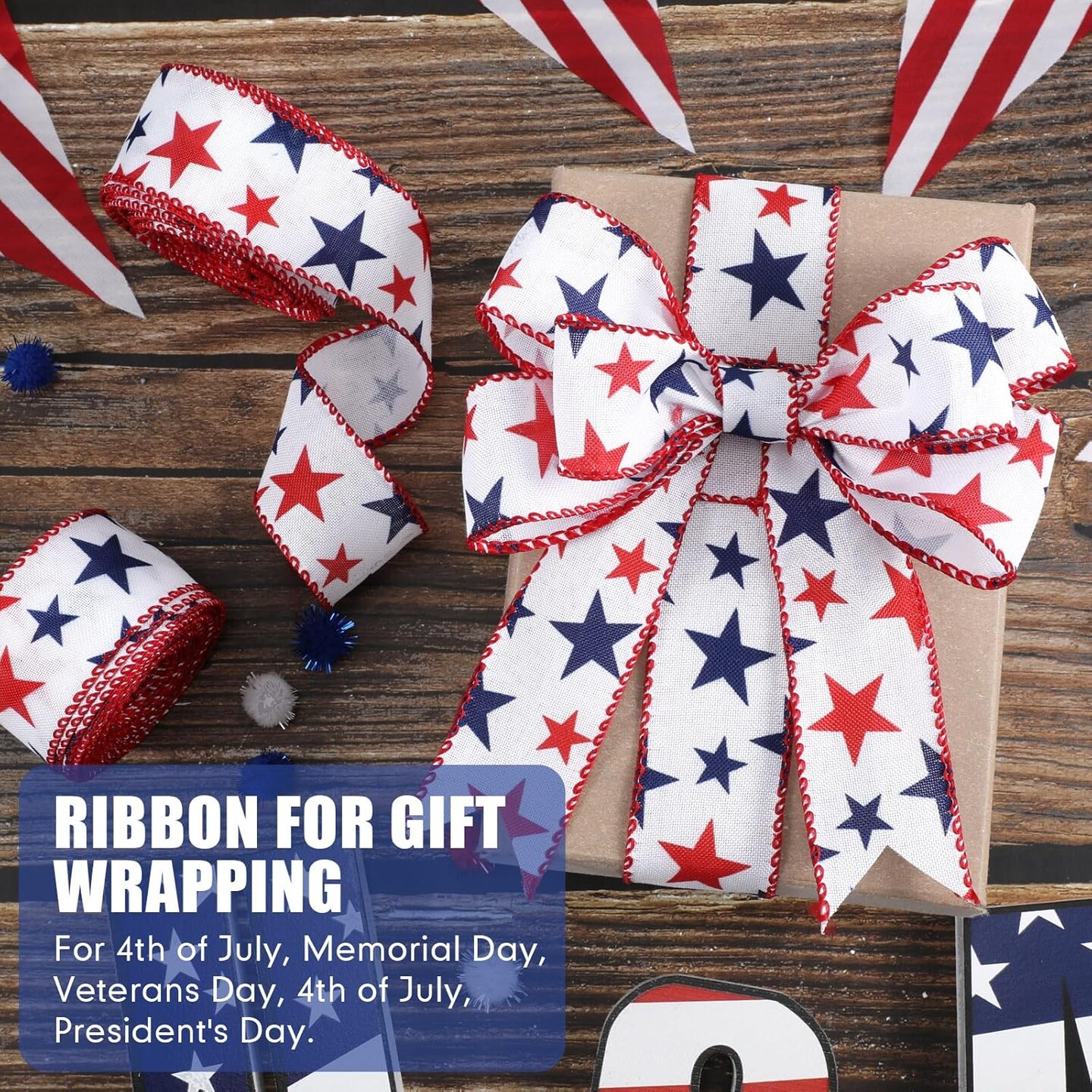2 Rolls 20 Yards Red White Blue Ribbon Independence Day Stars Flag 4th of July Patriot Ribbon Memorial Day Decor Fabric Patriotic Patriot Labor for Party Decoration