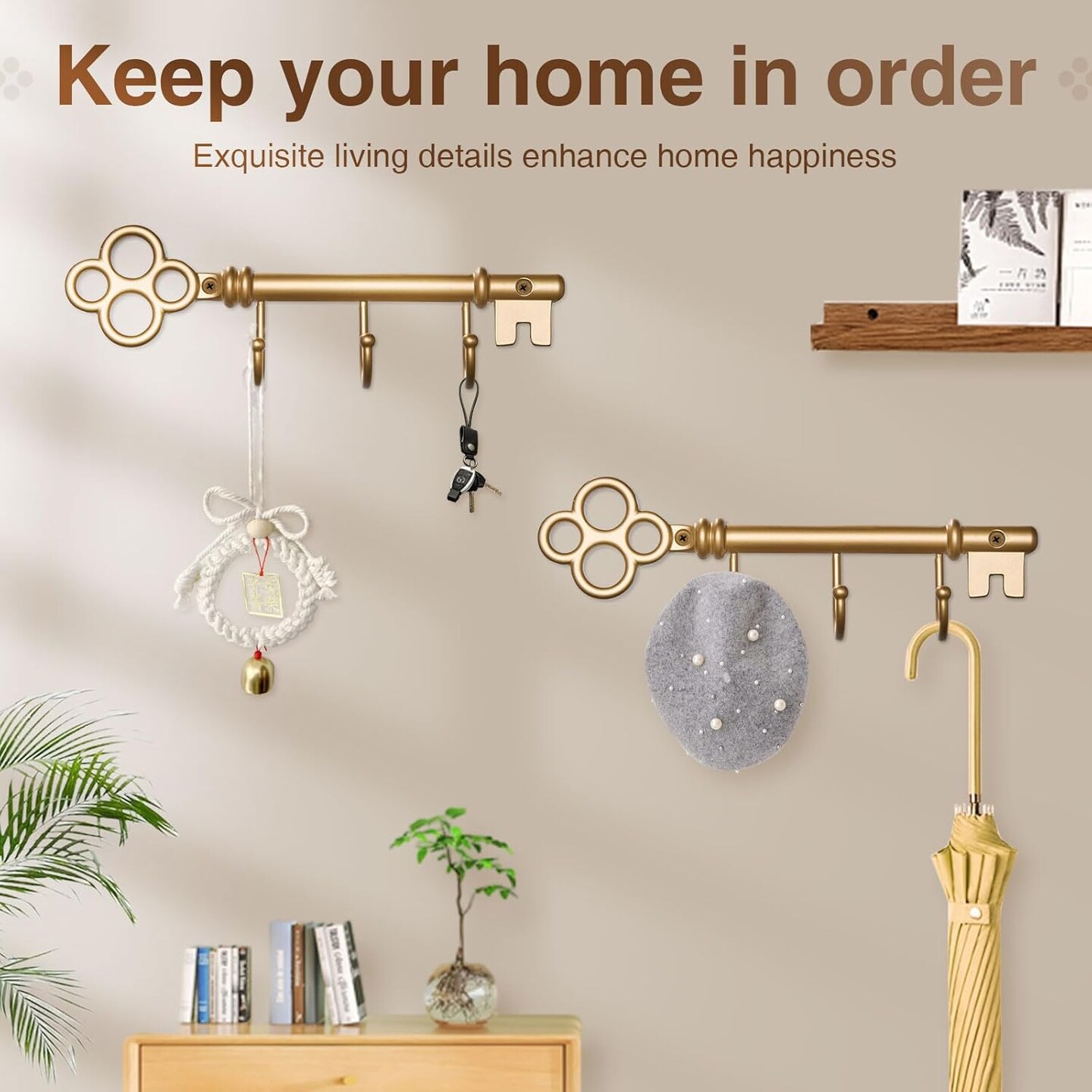 Classic Wall Mounted Key Holder Hook Rack, Vintage Key Rack for Entryway (Gold)