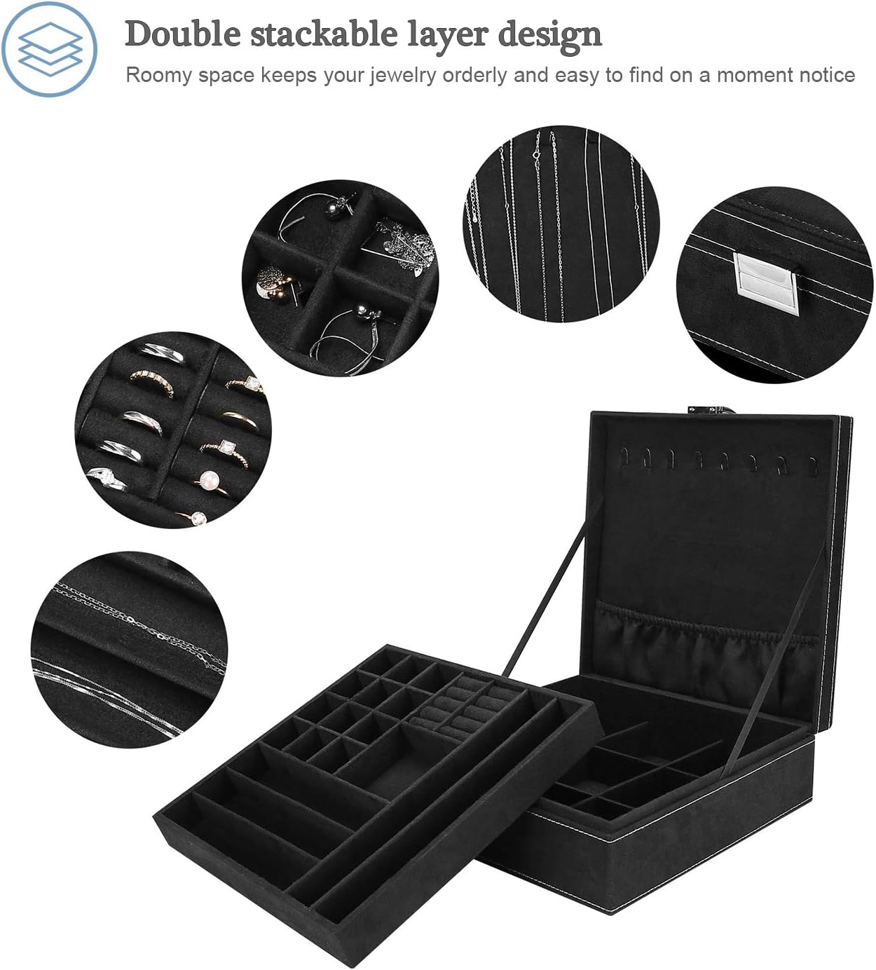 Velvet Jewelry Box Organizer for Women, 2 Layer Jewelry Display Storage Holder Case for Necklace Earrings Bracelets Rings -Black