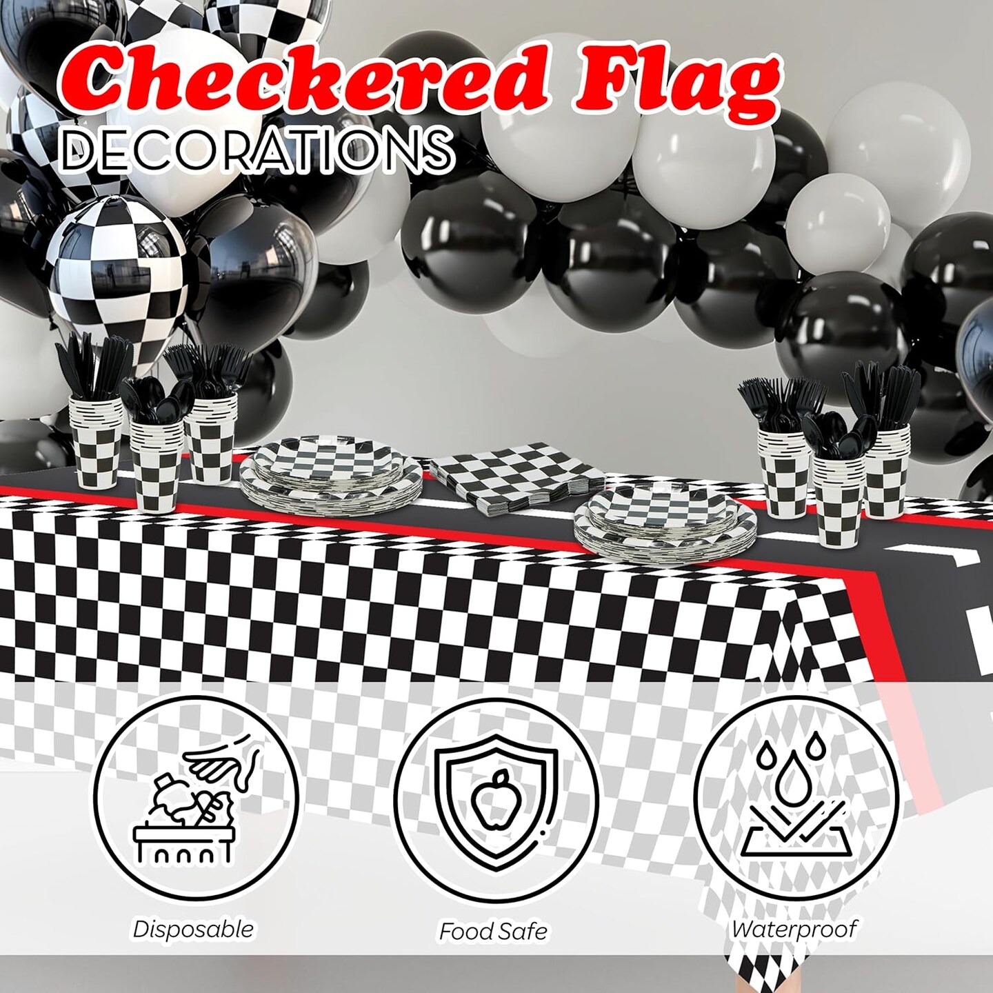4E&#x27;s Novelty 24 Pcs Checkered Party Supplies and Accessories like Checkered Flag Plates, Checkered Paper Cups, Checkered Flag Napkins, Cutlery - Race Car Party Plates For Different Special Occasions