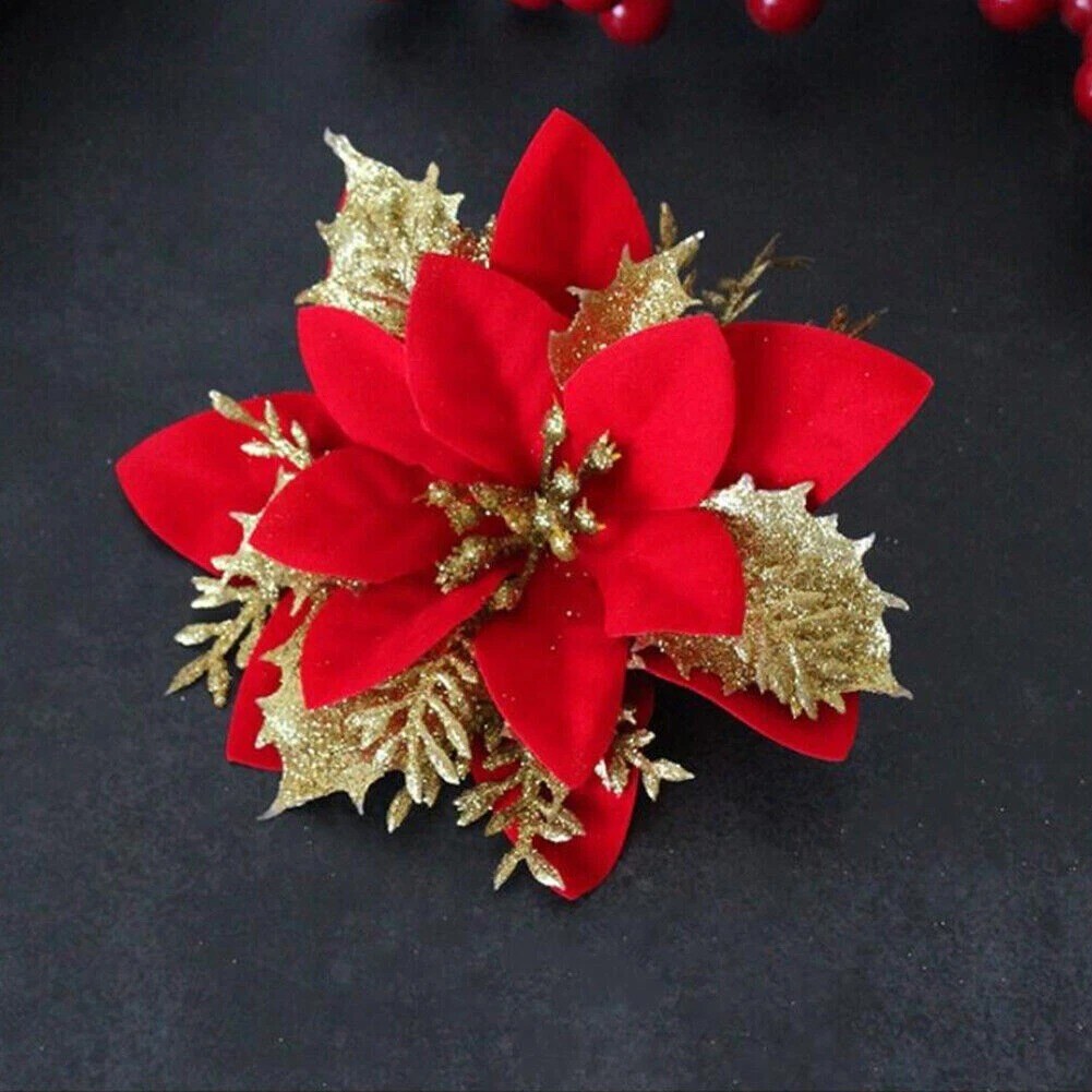 10pc Glitter Christmas Flowers Artificial Poinsettia Xmas Tree Ornaments