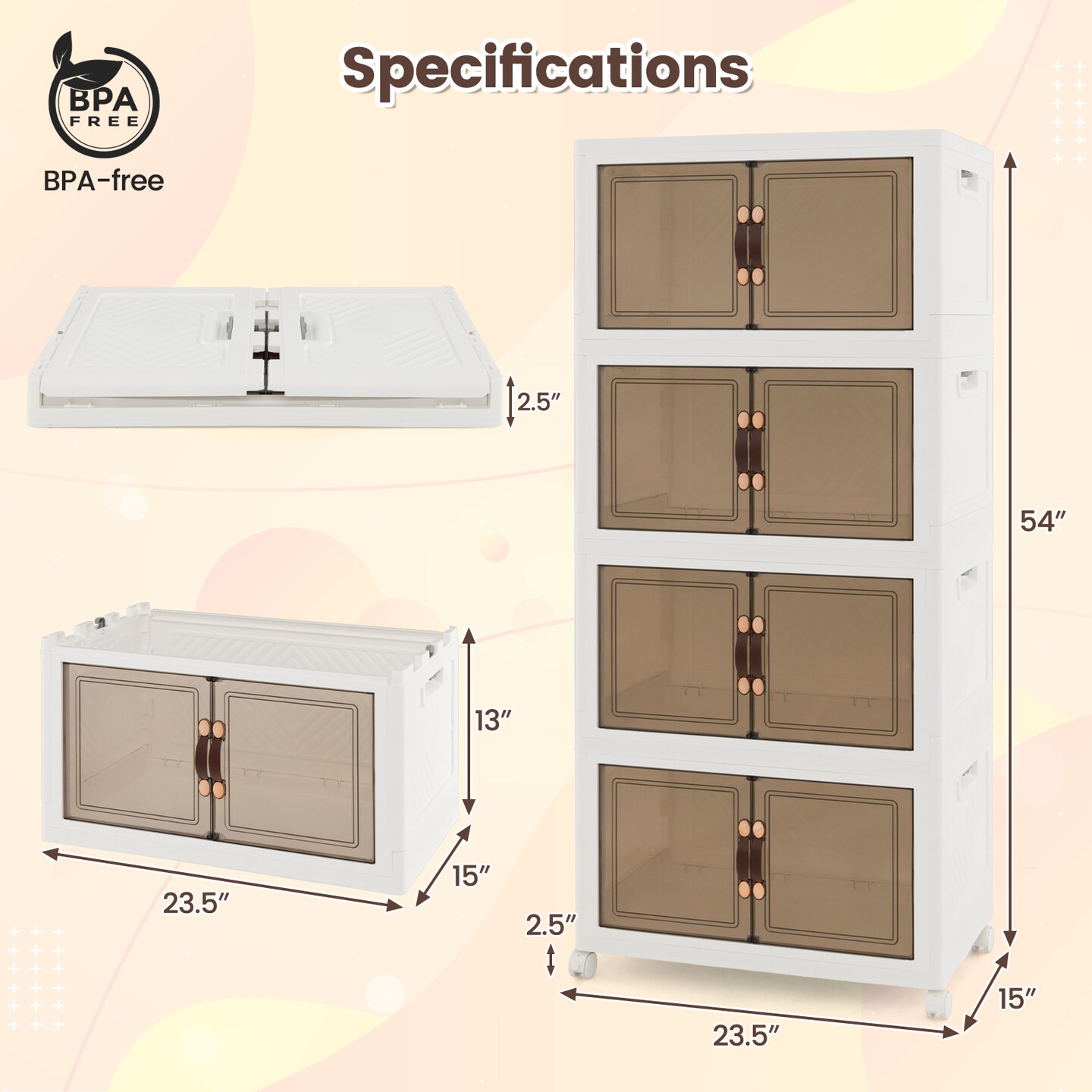 White-Brown 3 Height Adjustable Stackable Storage Bins with Foldable and Magnetic Snap Closure