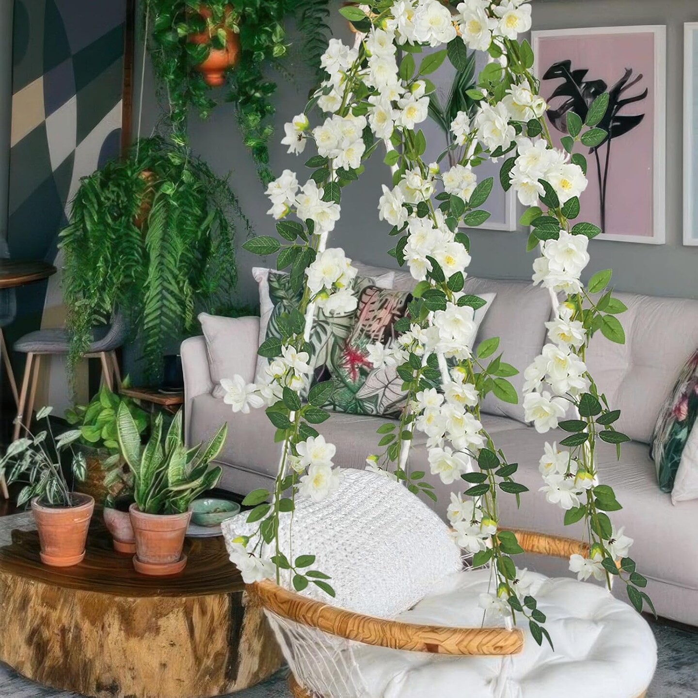 2 Pcs Artificial Flowers Garland for 0utdoors White Faux Gardenia Garland 12Ft Silk Rose Hanging Vines Floral for Wedding Arch Party Wall Garden Ceremony Backdrop Fence Spring Decor