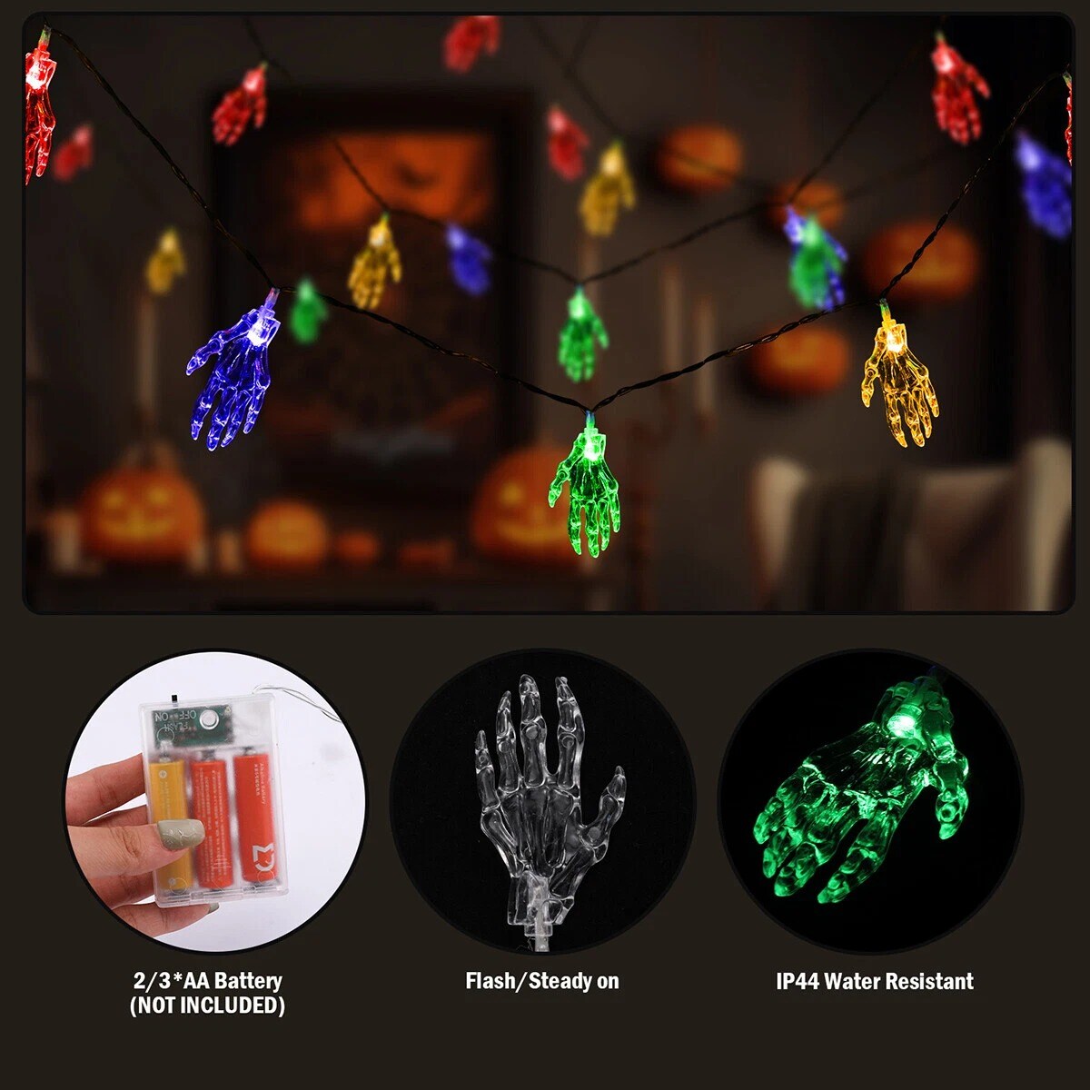 10FT 3M 20 Lights Halloween LED String Waterproof Steady On & Flash Light Modes